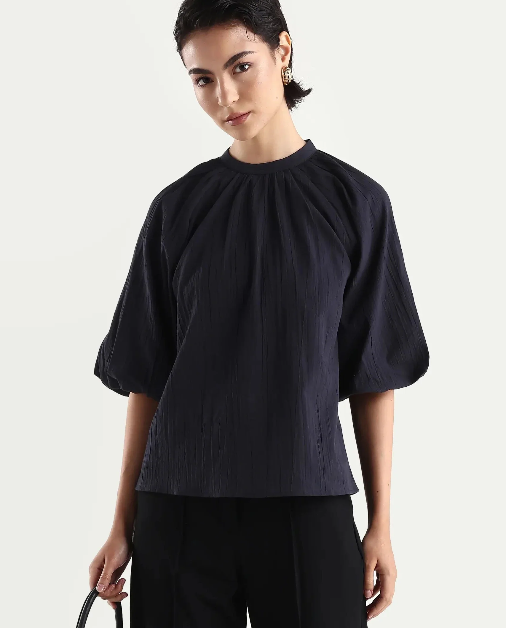 Rareism Women's Nuxo Black Nylon Blend Half Sleeve Mandarin Collar Relaxed Fit Top