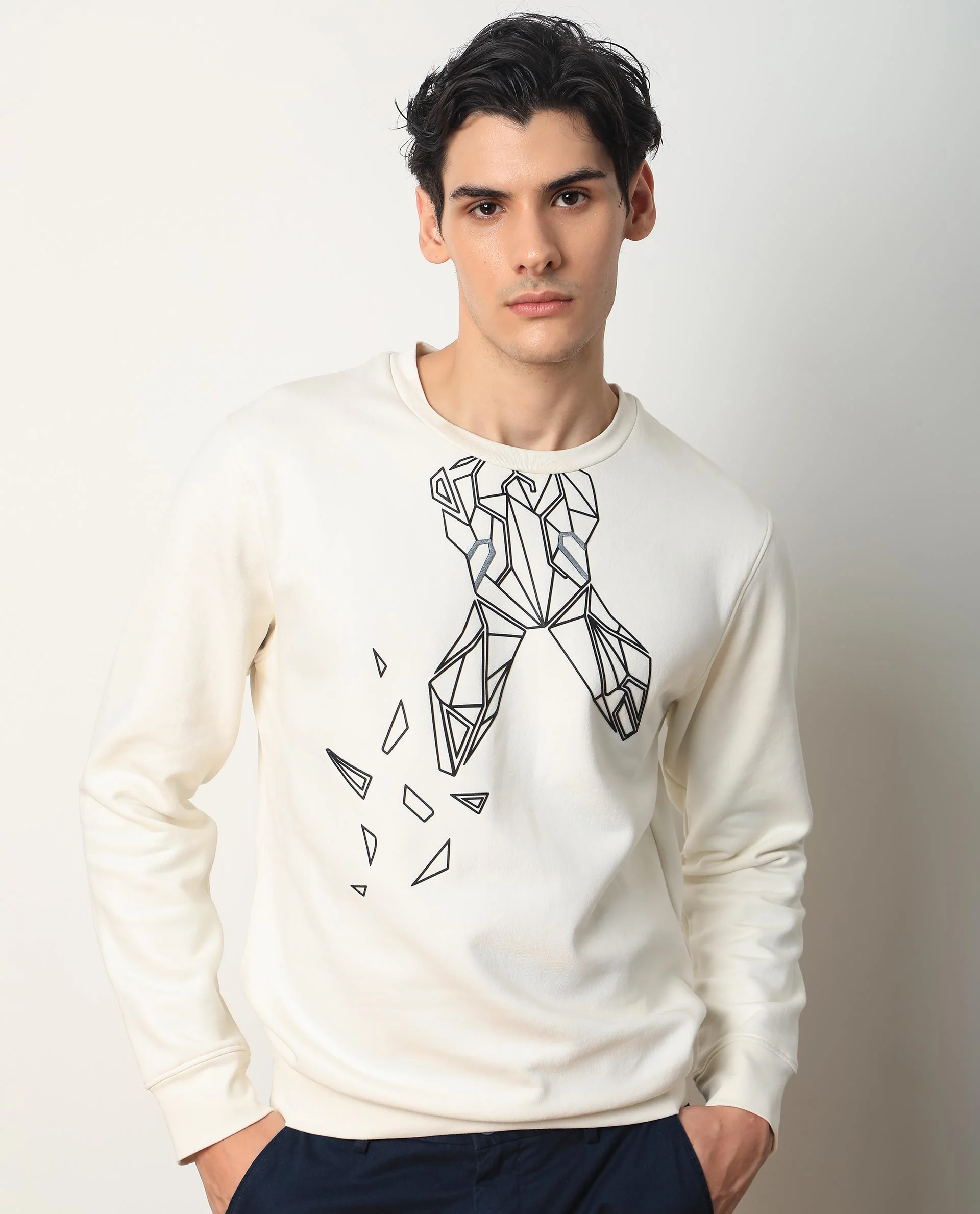 Rare Rabbit Men's Oakk White Graphic Print Regular Fit Full Sleeve Crew Neck Sweatshirt