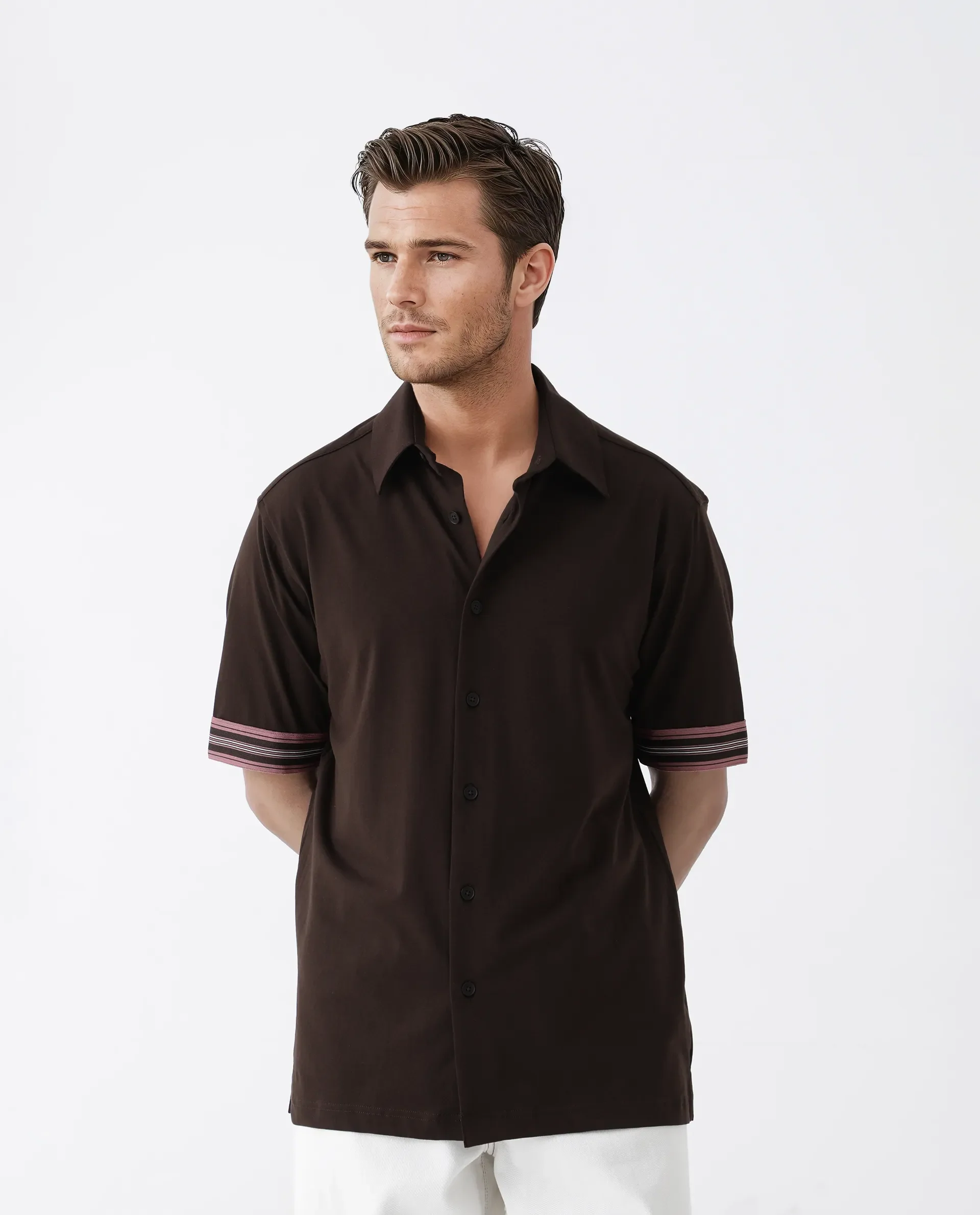 Rare Rabbit Men's Oble Dark Brown Cotton Blend Striped Print Relaxed Fit Half Sleeve Collared Shirt