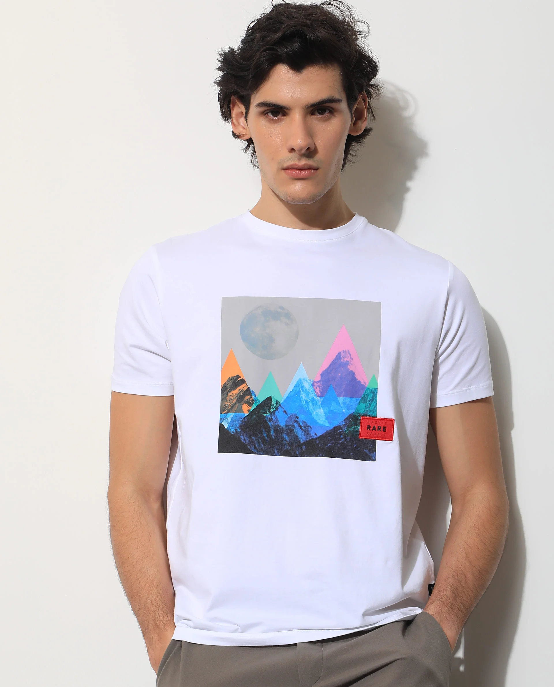 Rare Rabbit Men's Oden White Cotton Graphic Print Slim Fit Half Sleeve Crew Neck T-Shirt