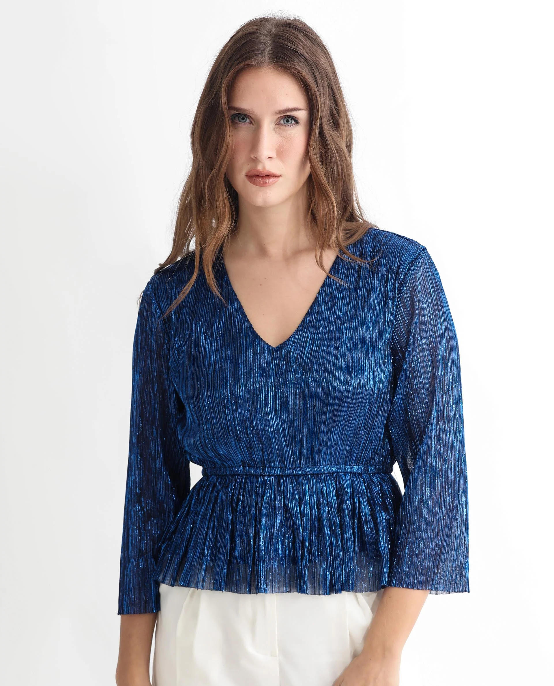Rareism Women's Odim Metalic Blue Polyester V-Neck Shimmer Regular Fit Top