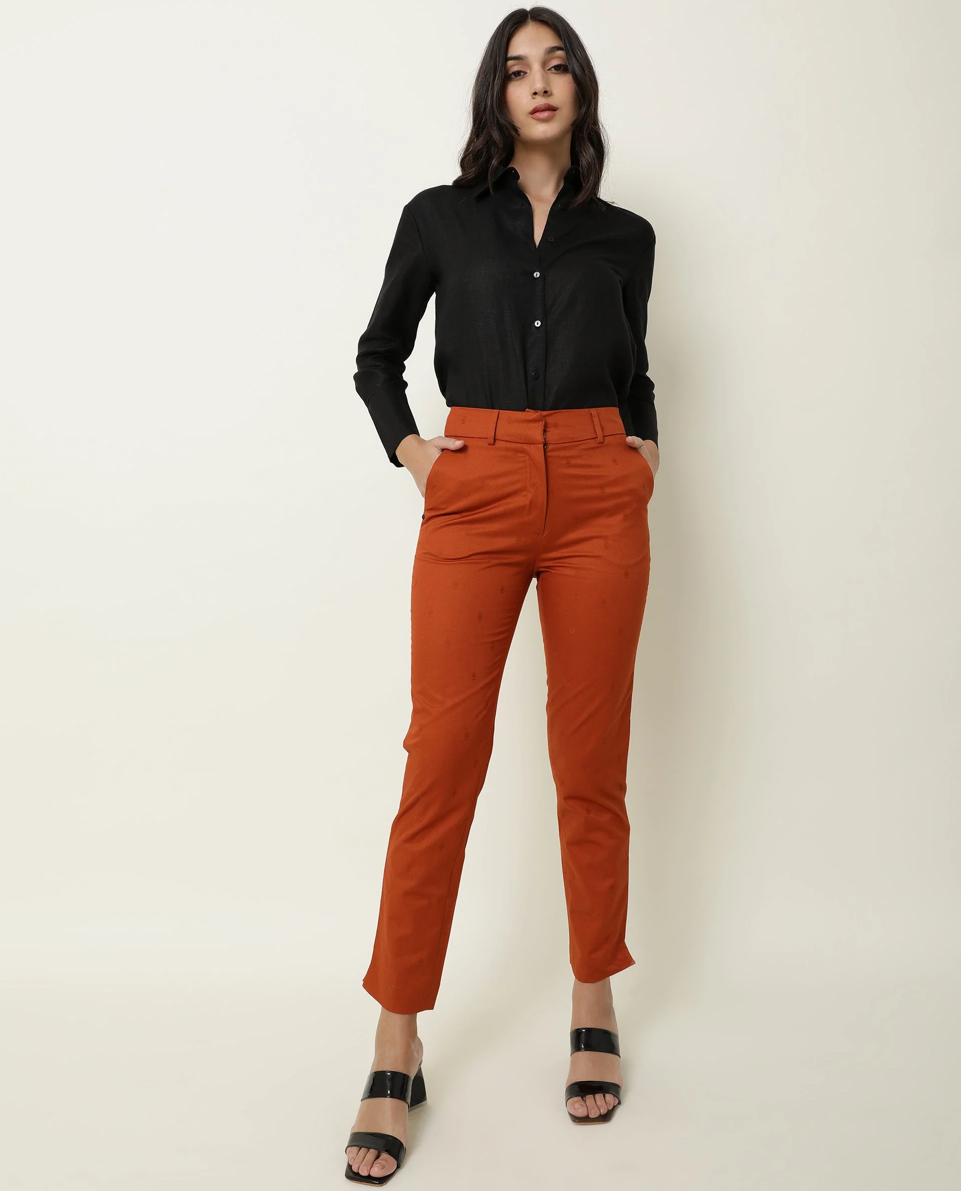 Rareism Women's Odyssey Brown Viscose Plain Ankle Length Tailored Trouser