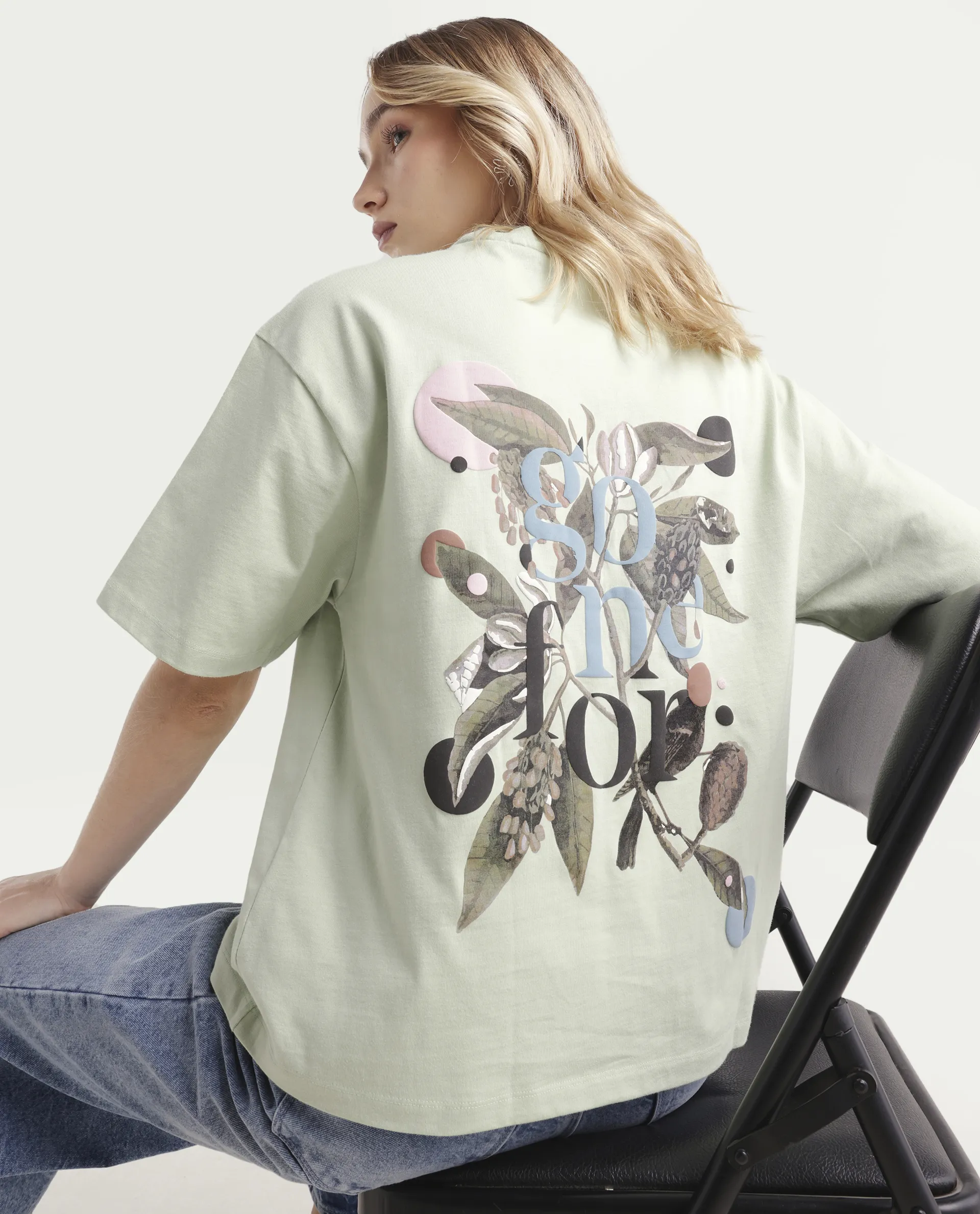 Rareism Women's Olaf Pastel Cotton Crew Neck Graphic Print Relaxed Fit T-Shirt
