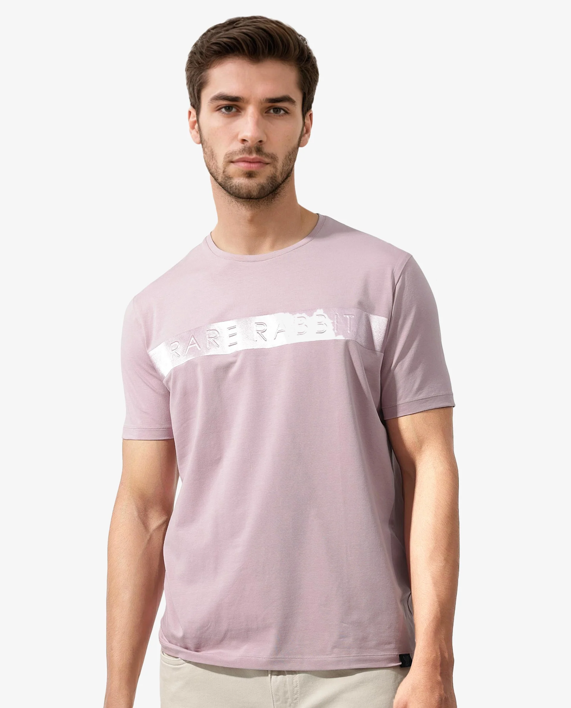 Rare Rabbit Men's Olios Light Pink Cotton Blend Graphic Print Regular Fit Half Sleeve Crew Neck T-Shirt