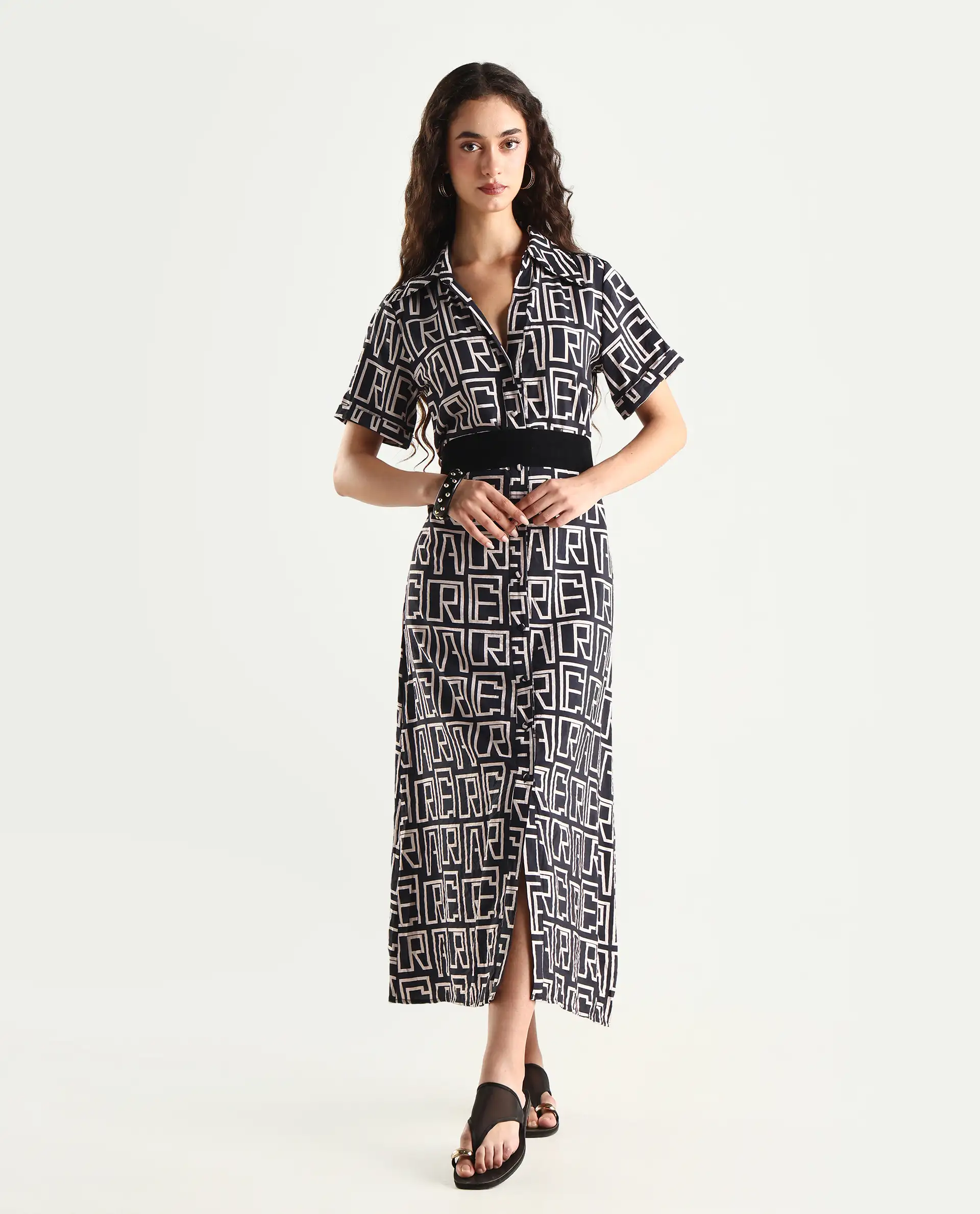 Rareism Women's Onia Black Nylon Blend Drop Collar Monogram Print Maxi Regular Fit Dress