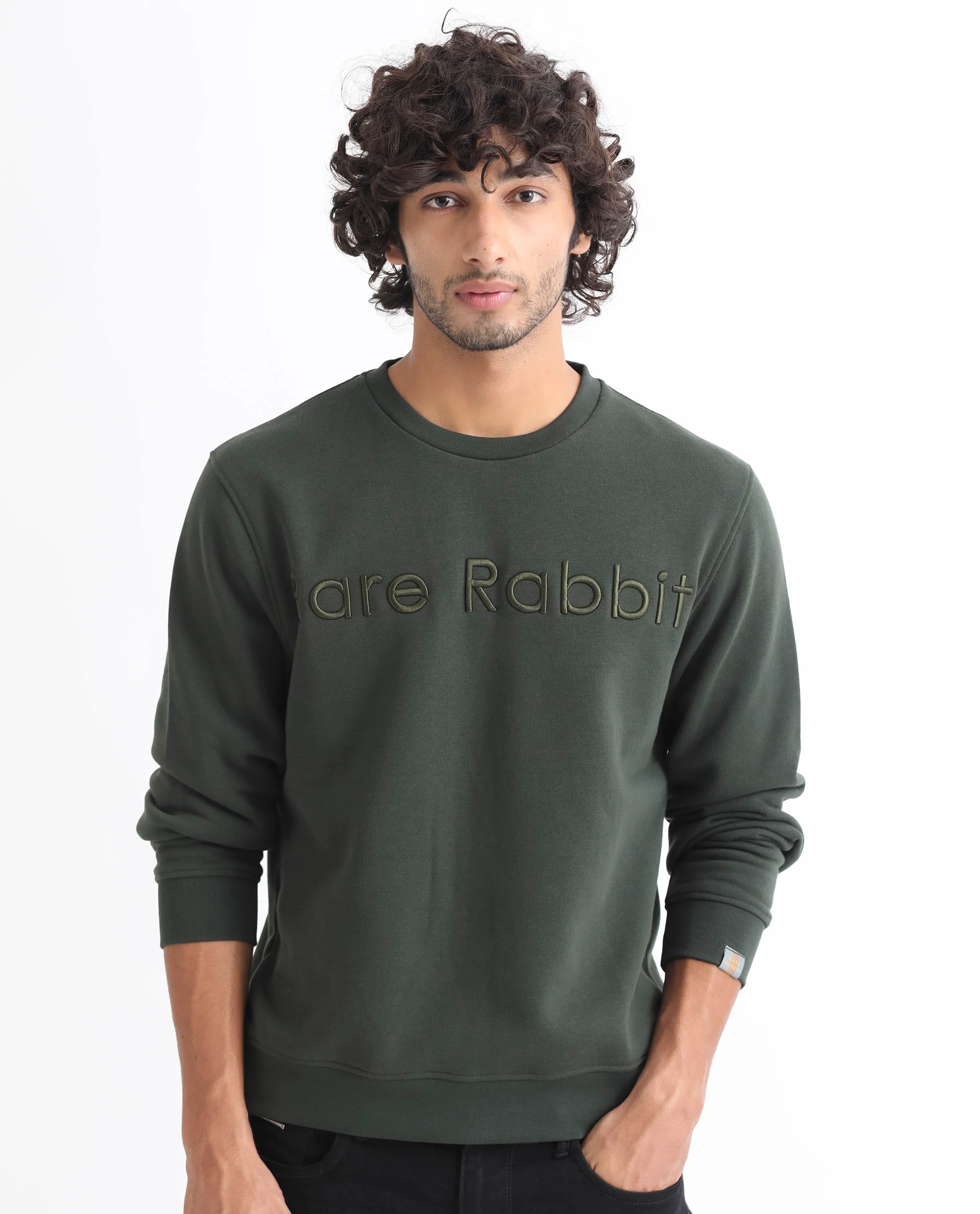Rare Rabbit Men's Oranj Green Cotton Embroidered Relaxed Fit Full Sleeve Crew Neck Sweatshirt