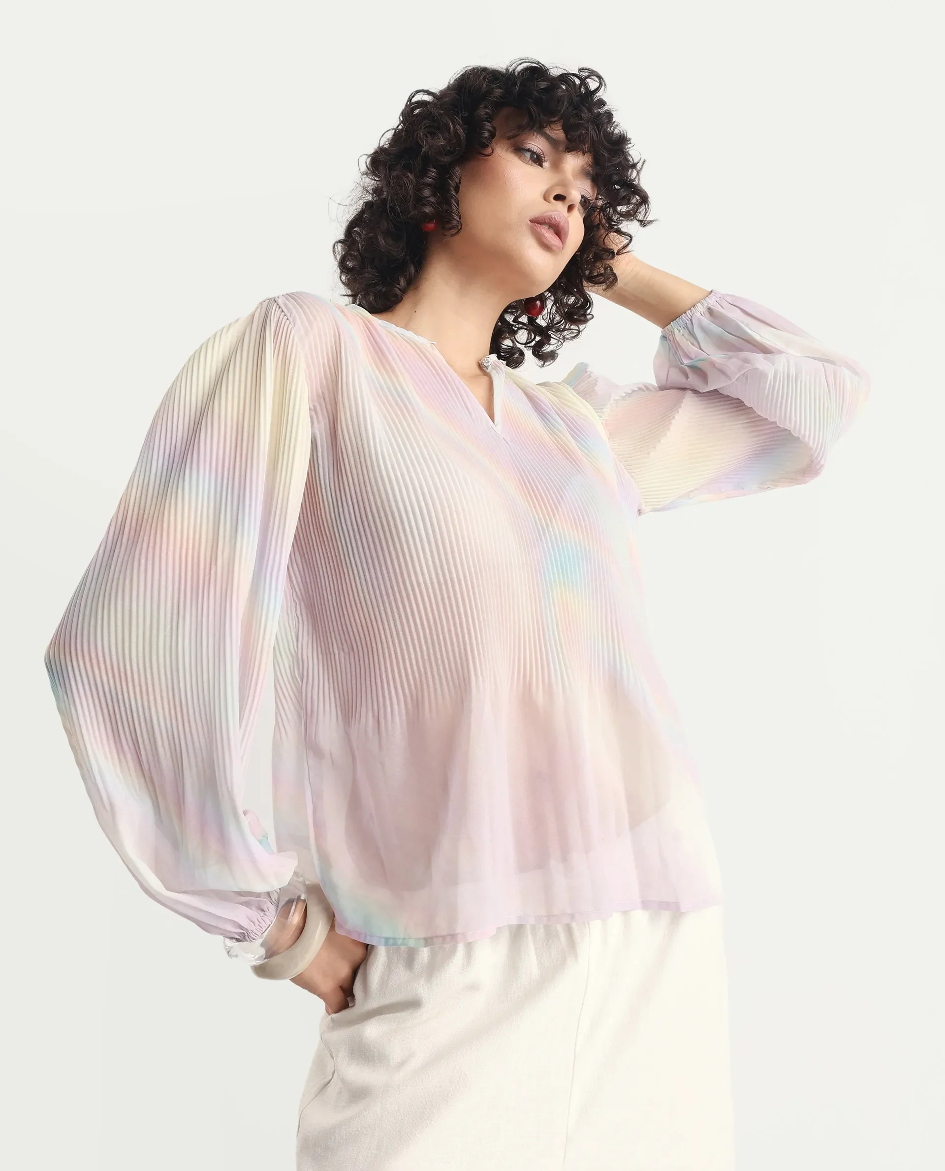 Rareism Women's Orirt Light Multi Polyester Mandarin Collar Ombre Regular Fit Top