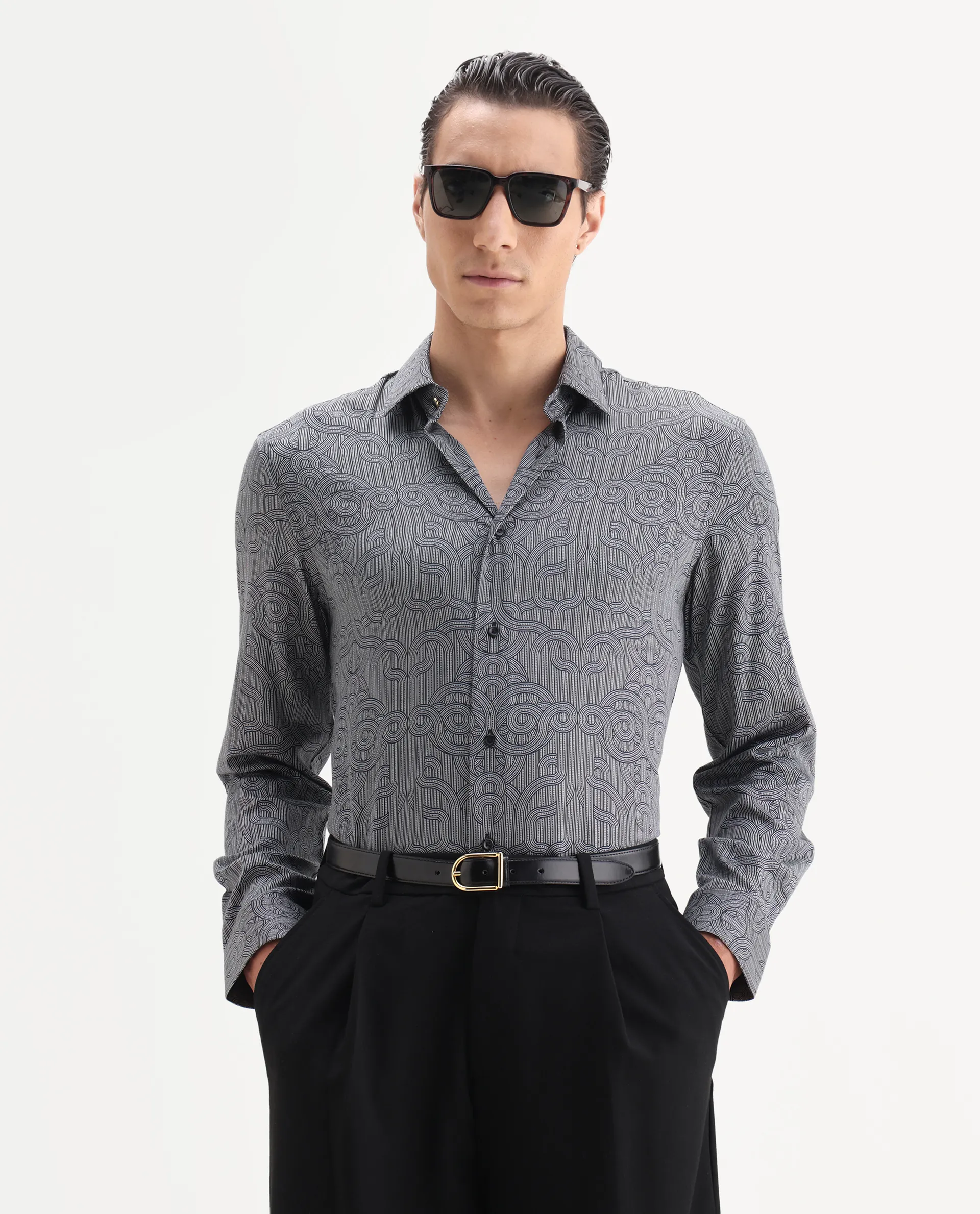 Rare Rabbit Men's Orlo Black Cotton Blend Fabric Full Sleeve Spread Collar Geometric Print Shirt
