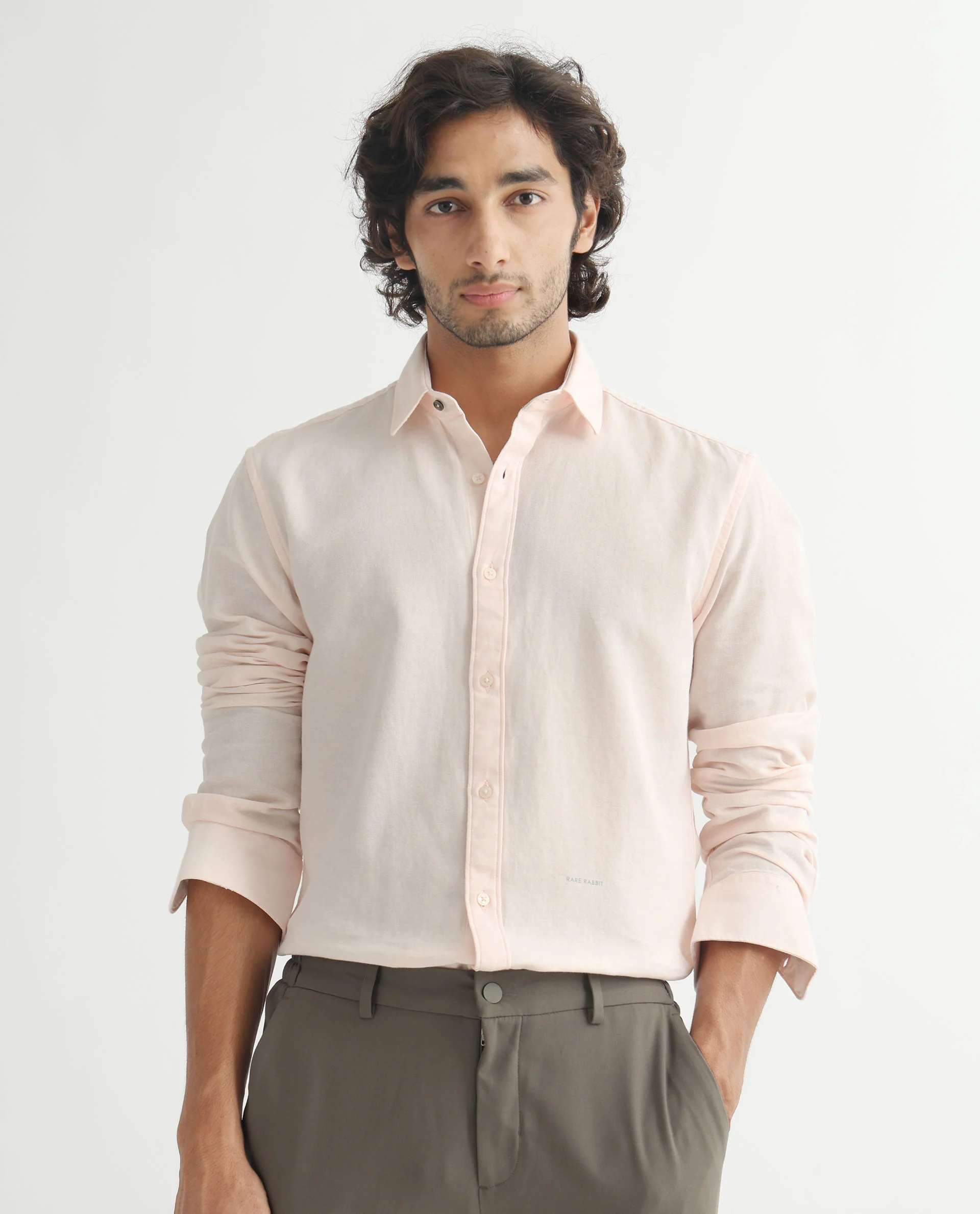 Rare Rabbit Men's Otago Light Pink Cotton Plain Regular Fit Full Sleeve Spread Collar Shirt