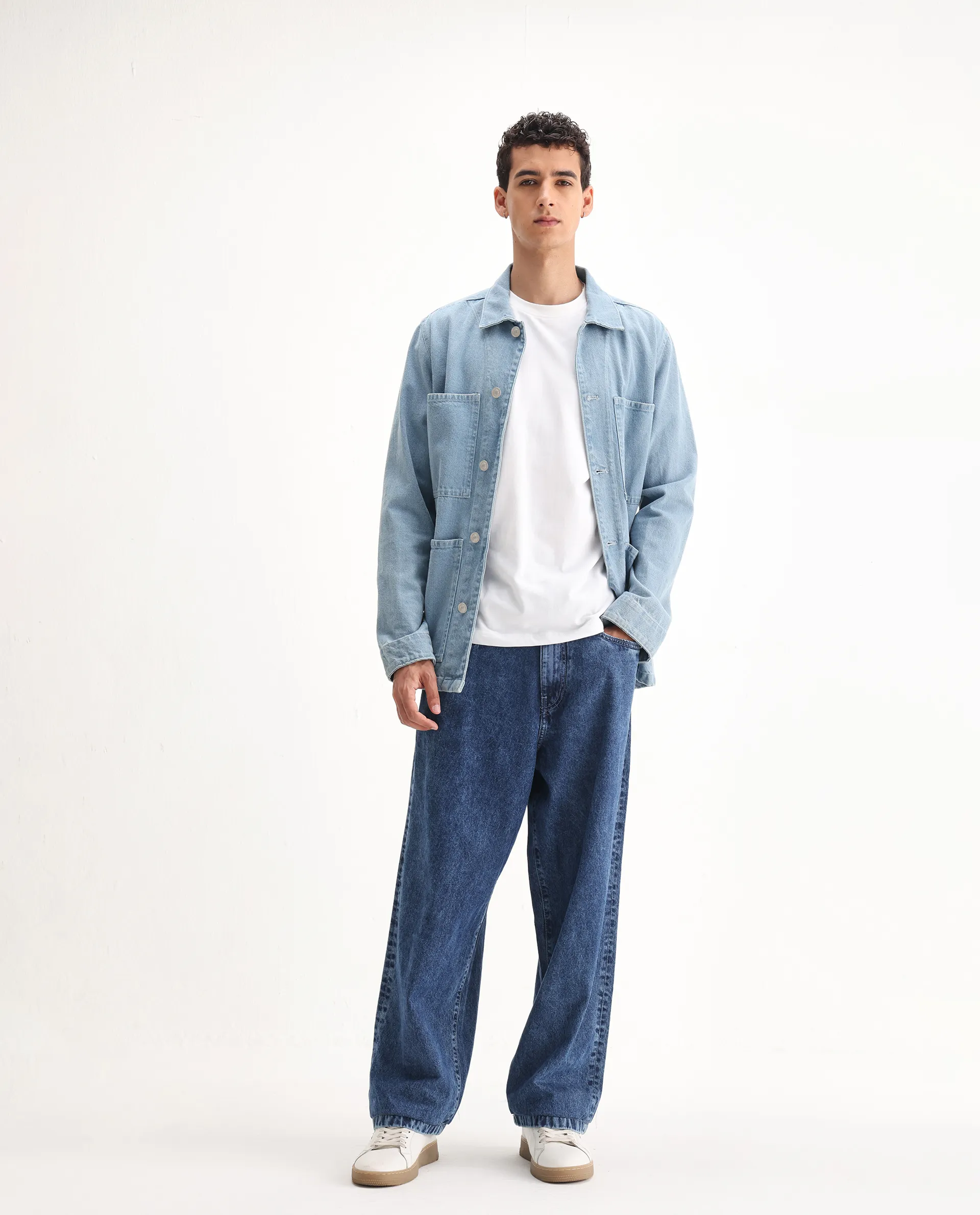 Rare Rabbit Men's Otto Light Blue Cotton Plain Baggy Fit Jeans