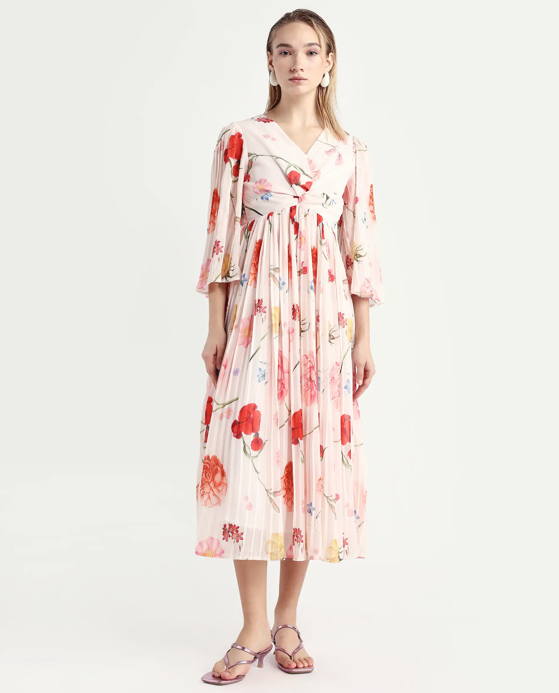 Rareism Women's Otto White Polyester V-Neck Floral Print Bell Sleeve Midi Fit And Flare Dress