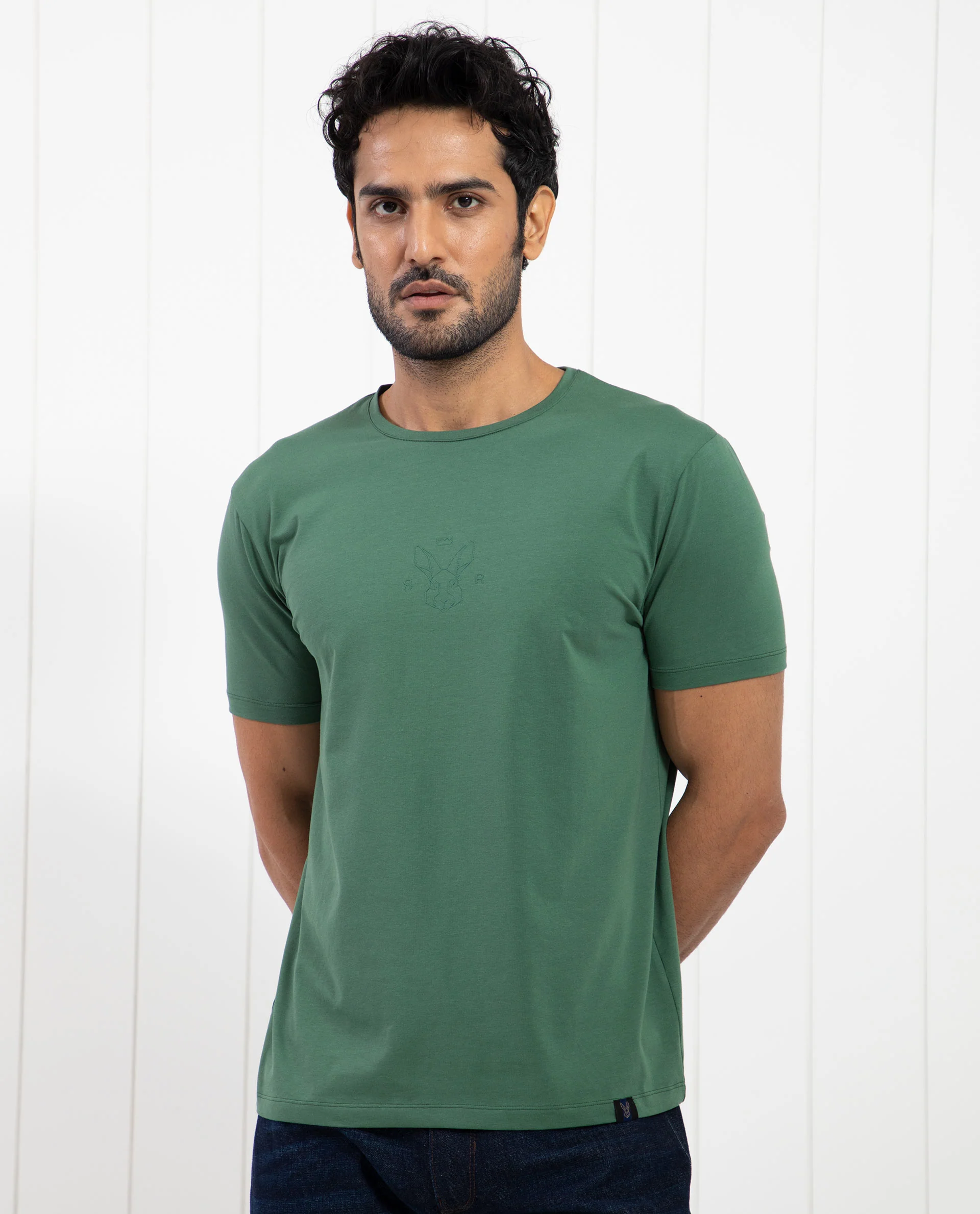 Rare Rabbit Men's Oval-1 Dusky Green Cotton Plain Slim Fit Half Sleeve Crew Neck T-Shirt