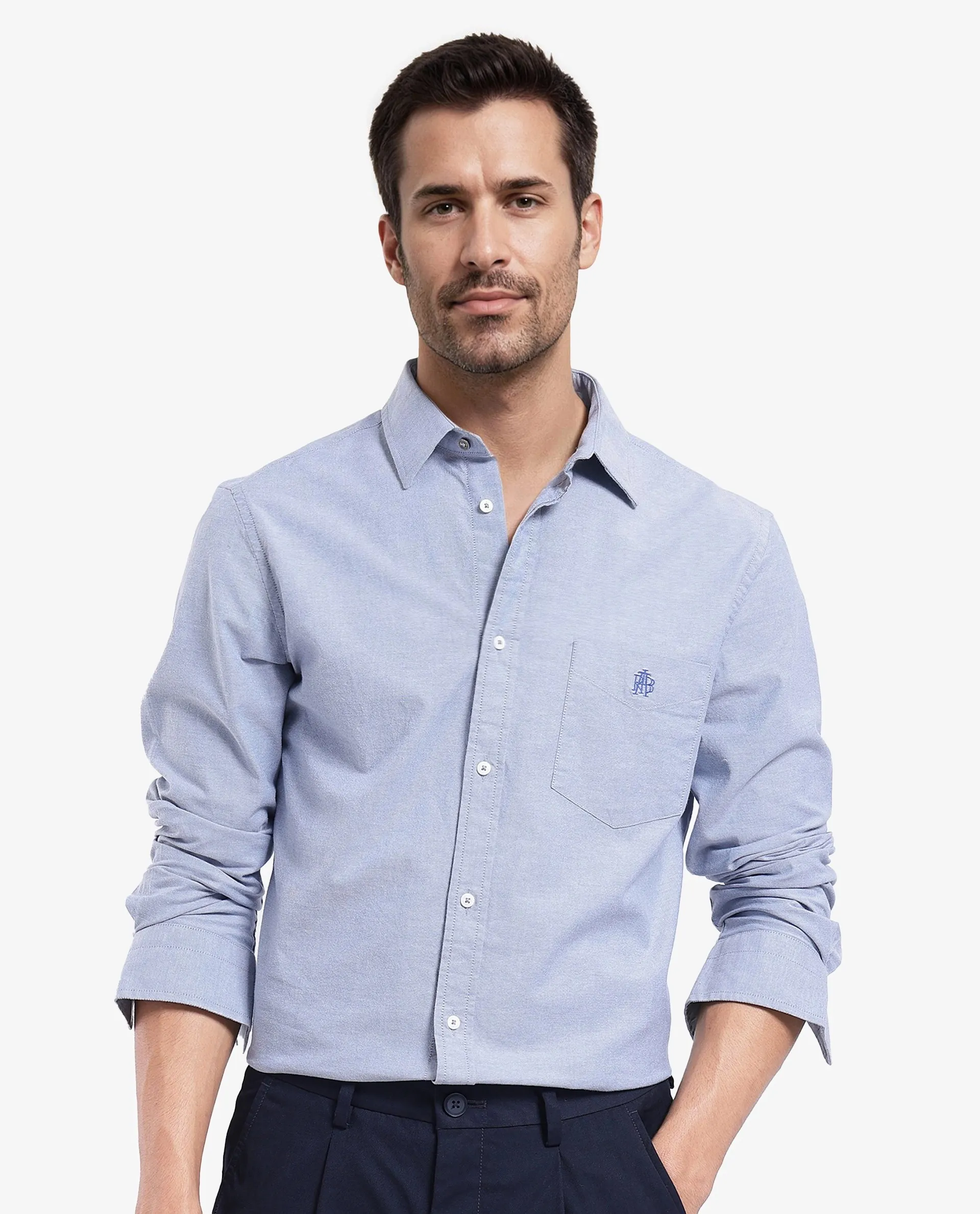 Rare Rabbit Men's Oxo Dusky Blue Cotton Blend Plain Regular Fit Full Sleeve Collared Shirt