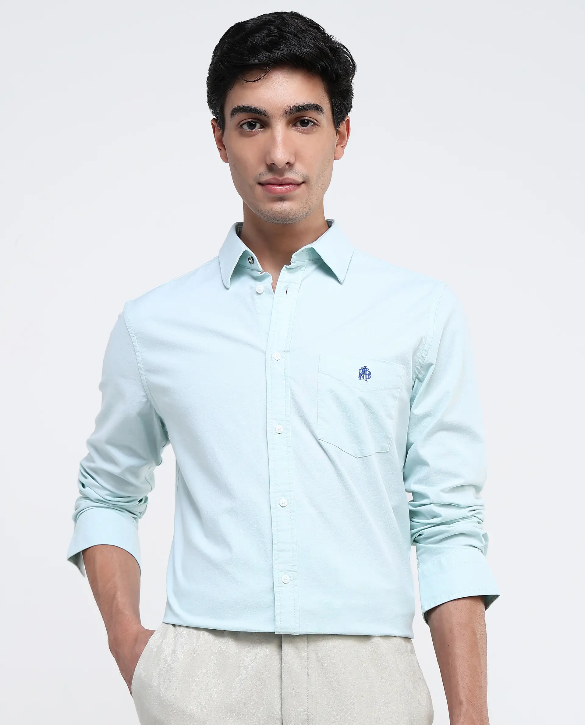 Rare Rabbit Men's Oxo Pastel Green Cotton Blend Plain Regular Fit Full Sleeve Collared Shirt