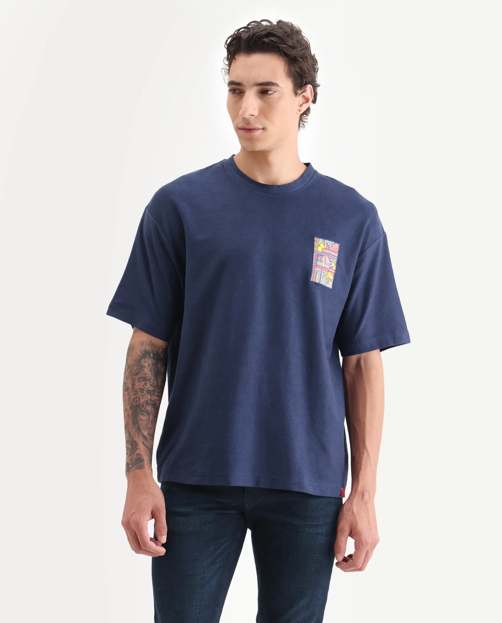 Rare Rabbit Men's Oxo Dark Blue Cotton Embroidered Oversized Fit Half Sleeve Crew Neck T-Shirt