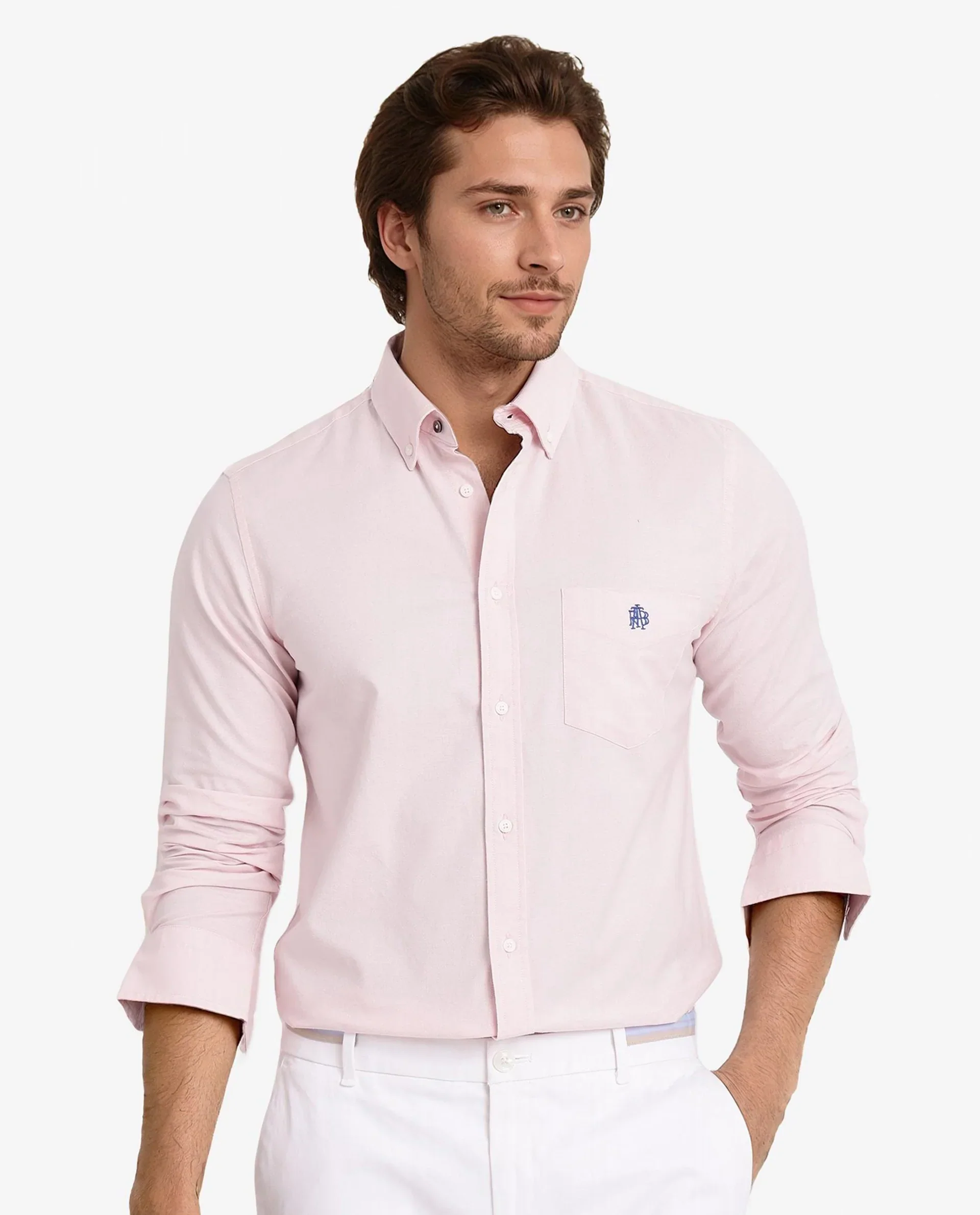 Rare Rabbit Men's Oxob Pastel Pink Cotton Blend Plain Regular Fit Full Sleeve Collared Shirt