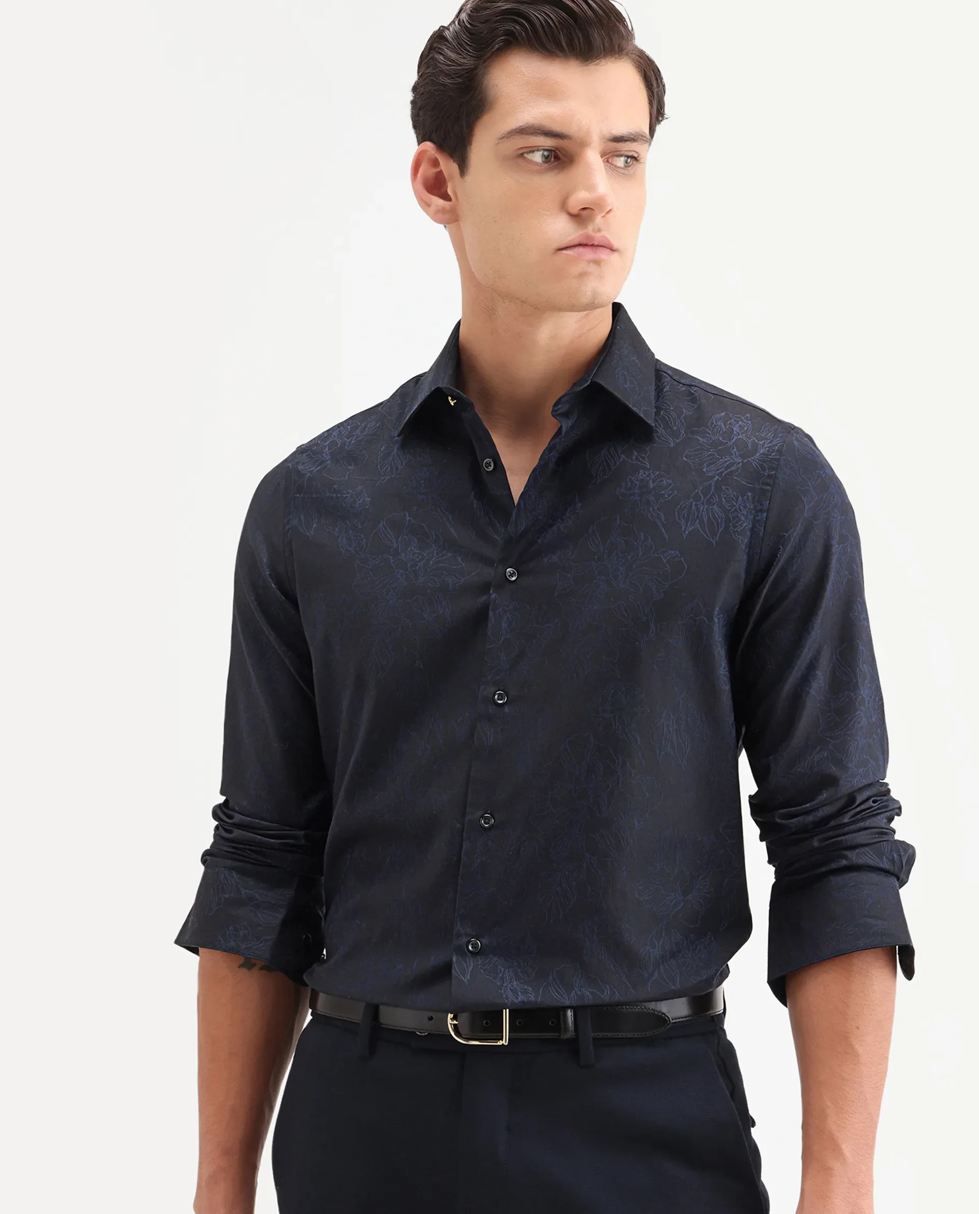 Rare Rabbit Men's Oxon Navy Cotton Fabric Full Sleeve Spread Collar Button Regular Floral Print Shirt