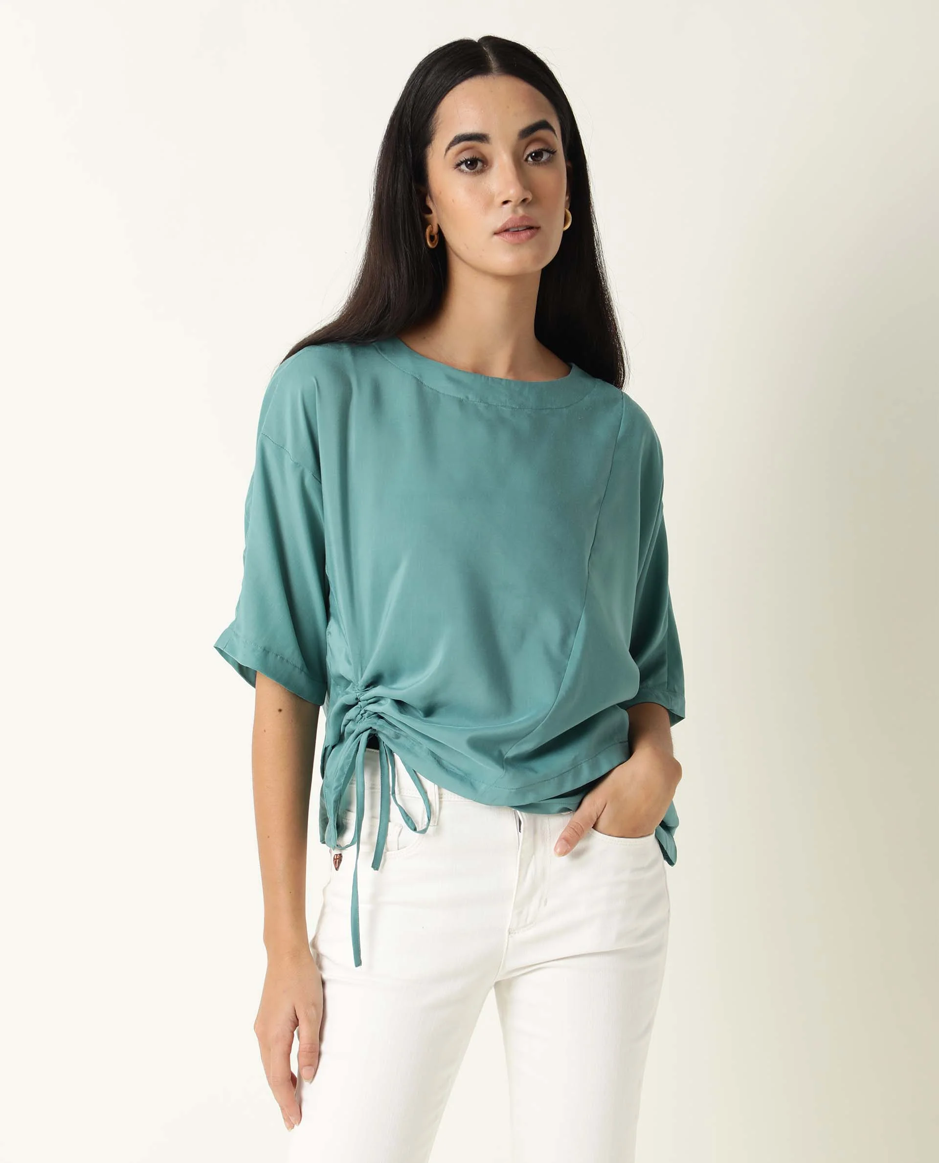 Rareism Women's Paecos Green Polyester Boat Neck Plain Regular Fit Top