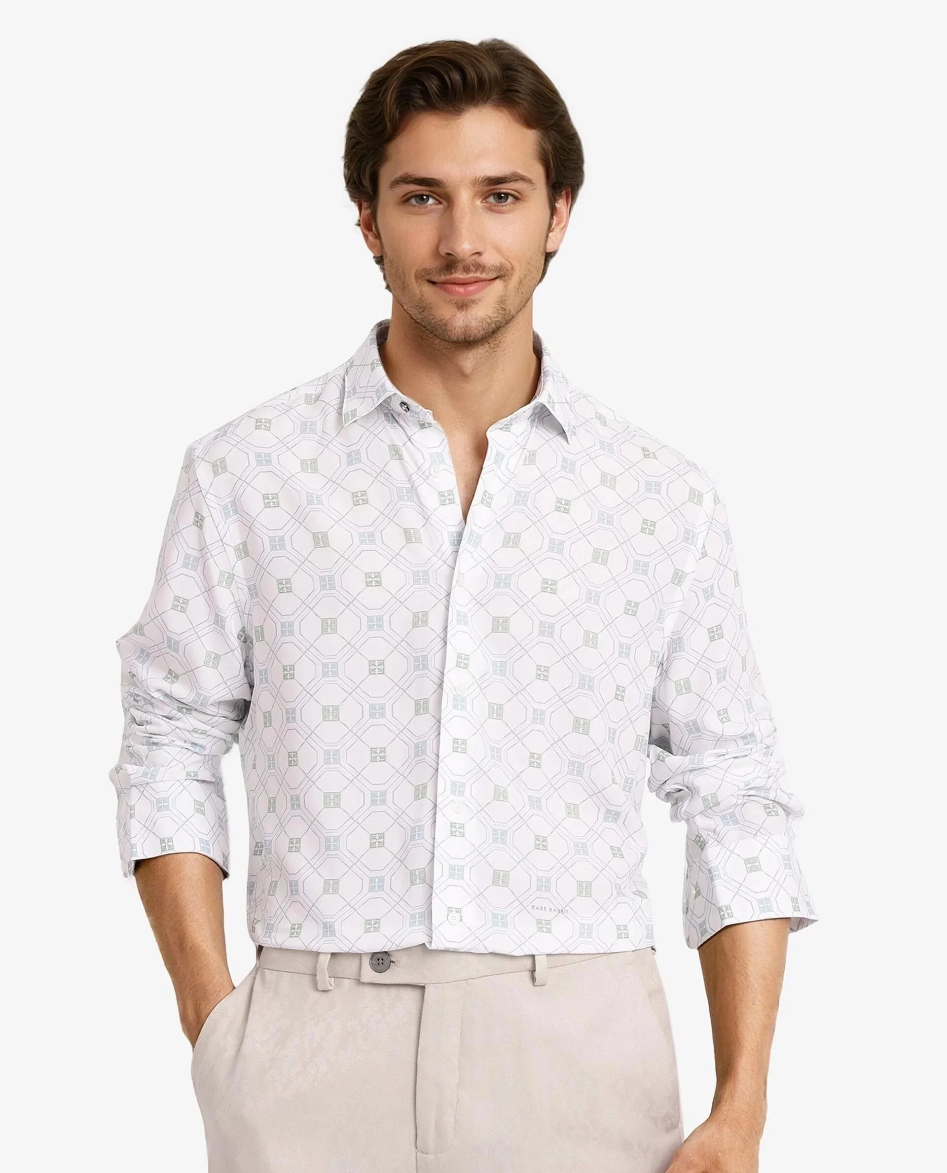 Rare Rabbit Men's Paide White Viscose Geometric Print Regular Fit Full Sleeve Collared Shirt