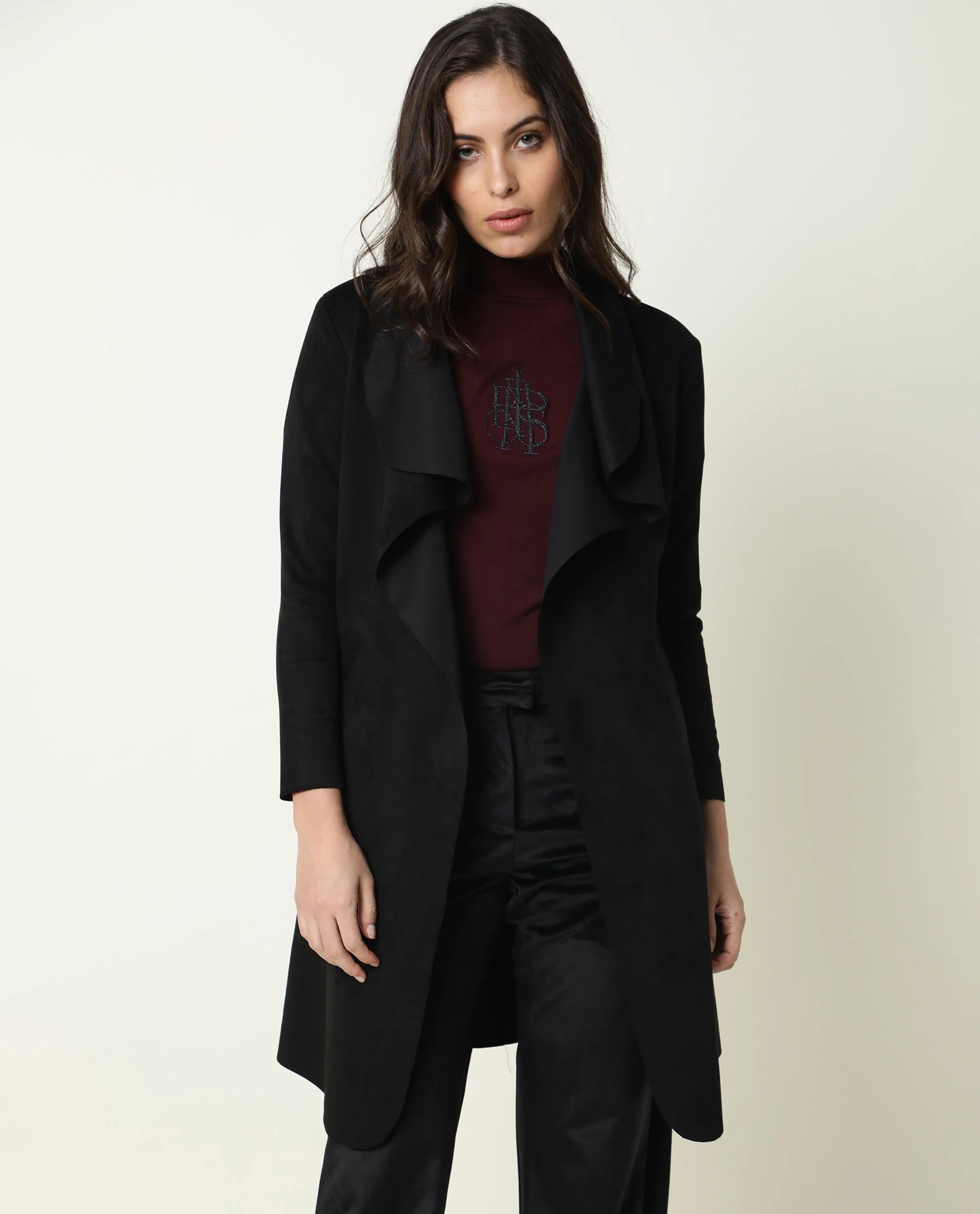 Rareism Women's Palmer Black Polyester Collarless Plain Knee Length Relaxed Fit Jacket