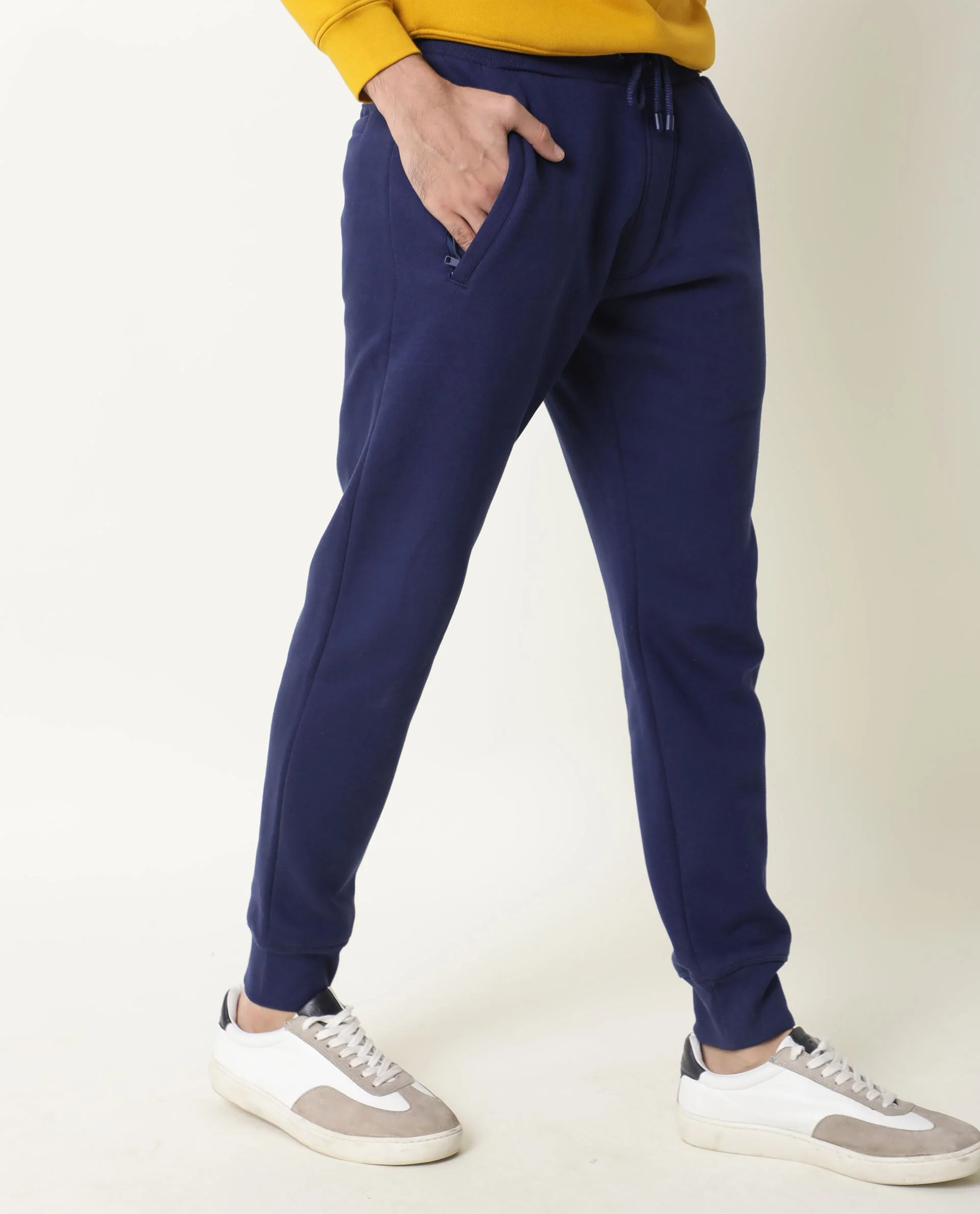 Rare Rabbit Men's Panama Blue Cotton Plain Regular Fit Joggers