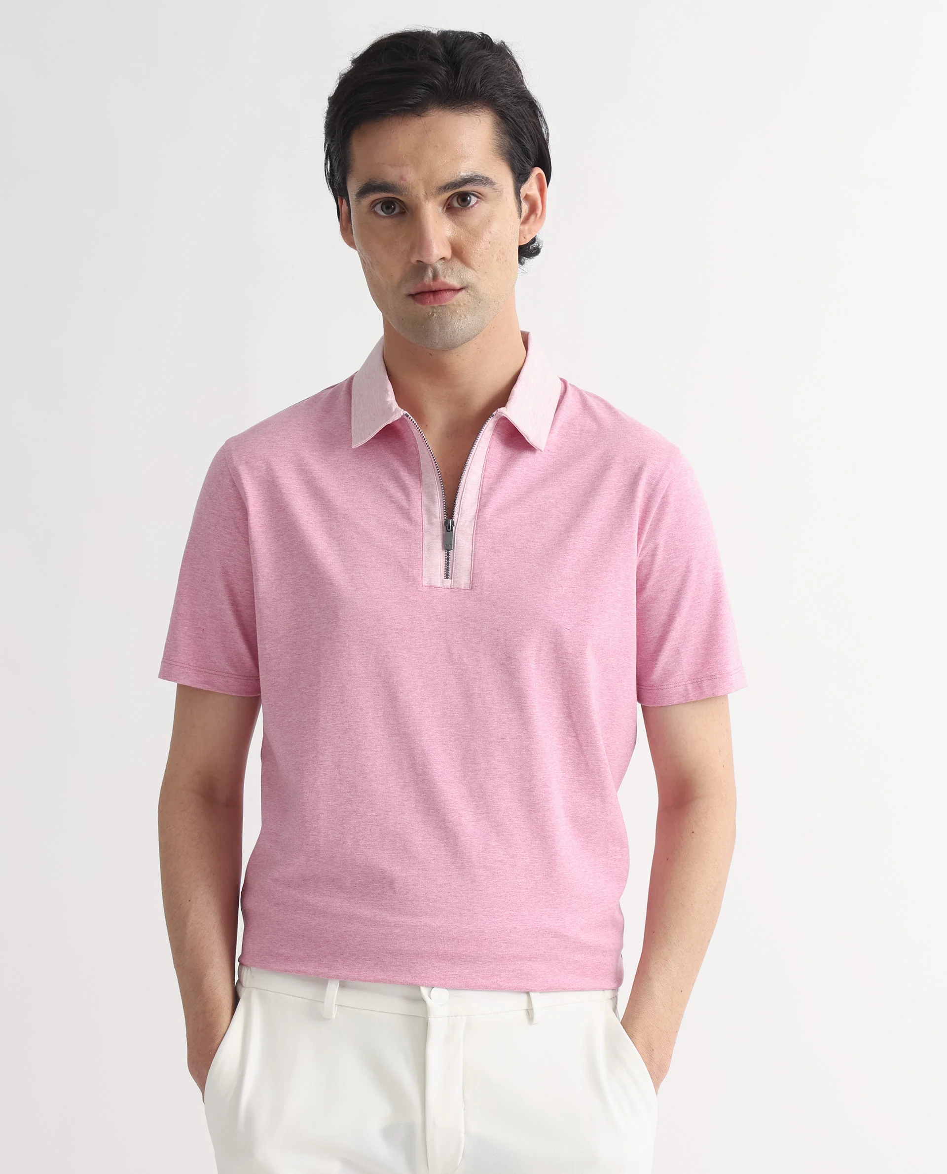 Rare Rabbit Men's Panel Pink Cotton Plain Regular Fit Half Sleeve Polo