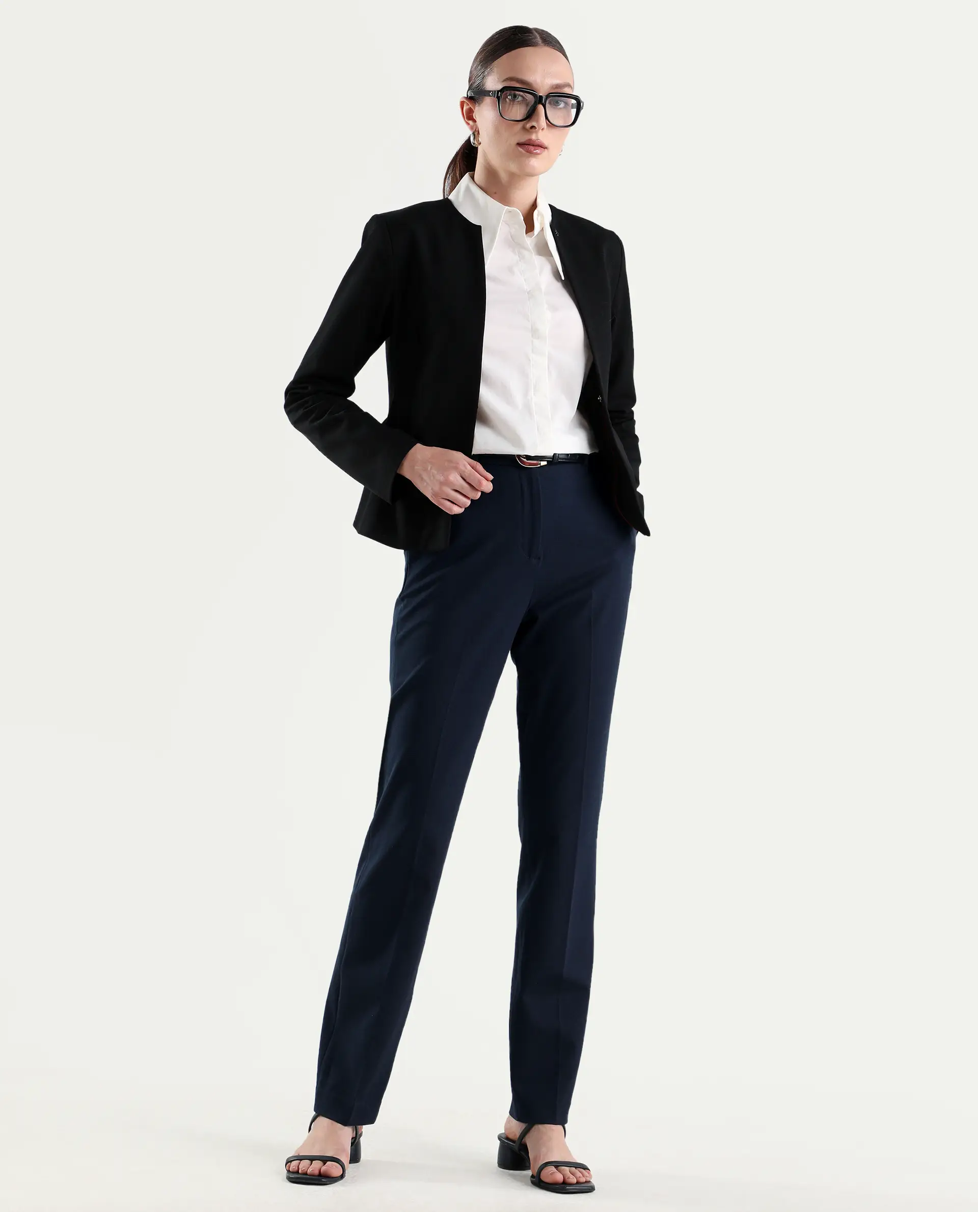 Rareism Women's Paper Navy Viscose Blend Fabric Tapered Plain Trouser