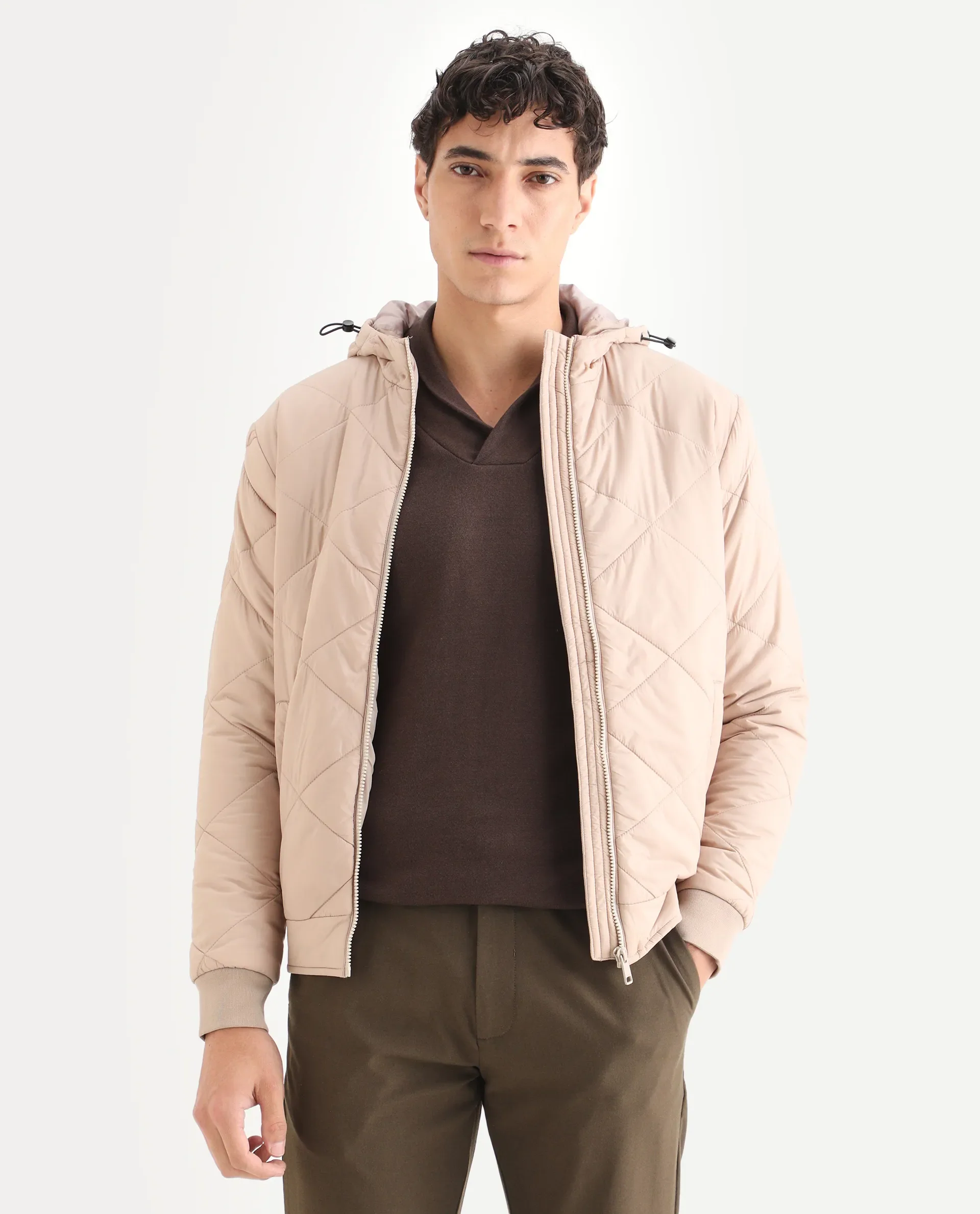Rare Rabbit Men's Parco Dark Beige Nylon Plain Regular Fit Full Sleeve Hooded Jacket