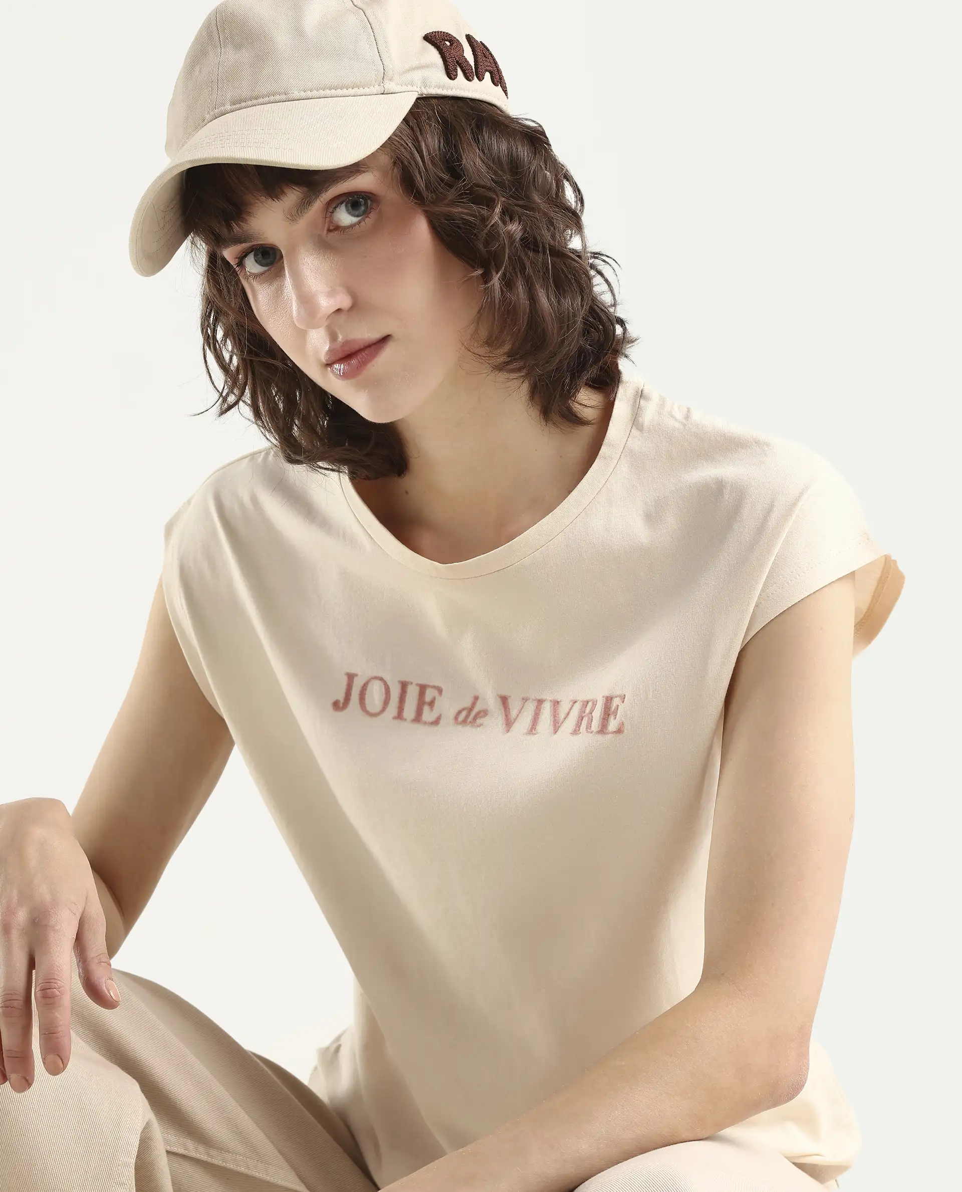 Rareism Women's Pariot Beige Cotton Crew Neck Printed Regular Fit T-Shirt