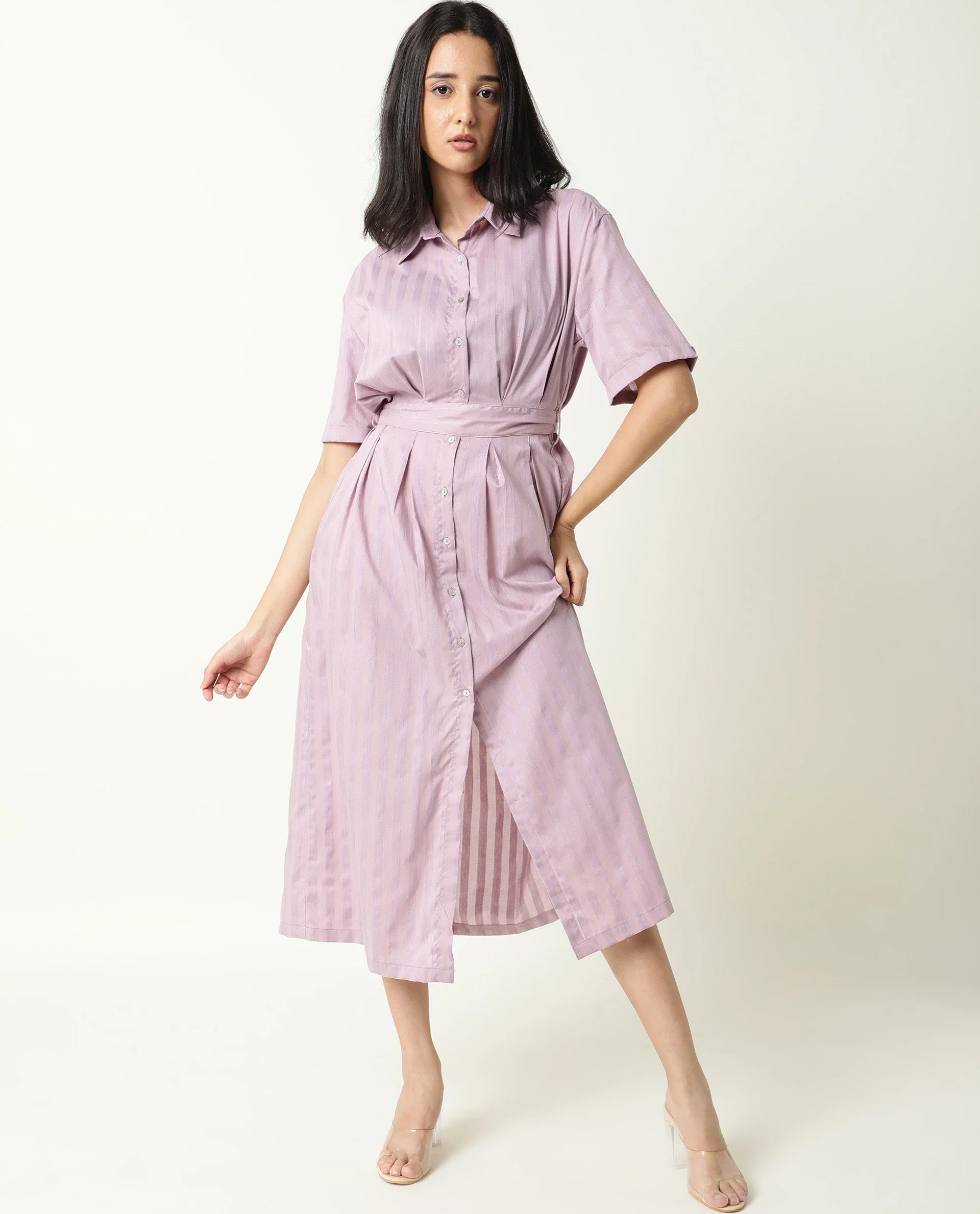 Rareism Women's Paris Pink Spread Collar Striped Knee Length Regular Fit Dress
