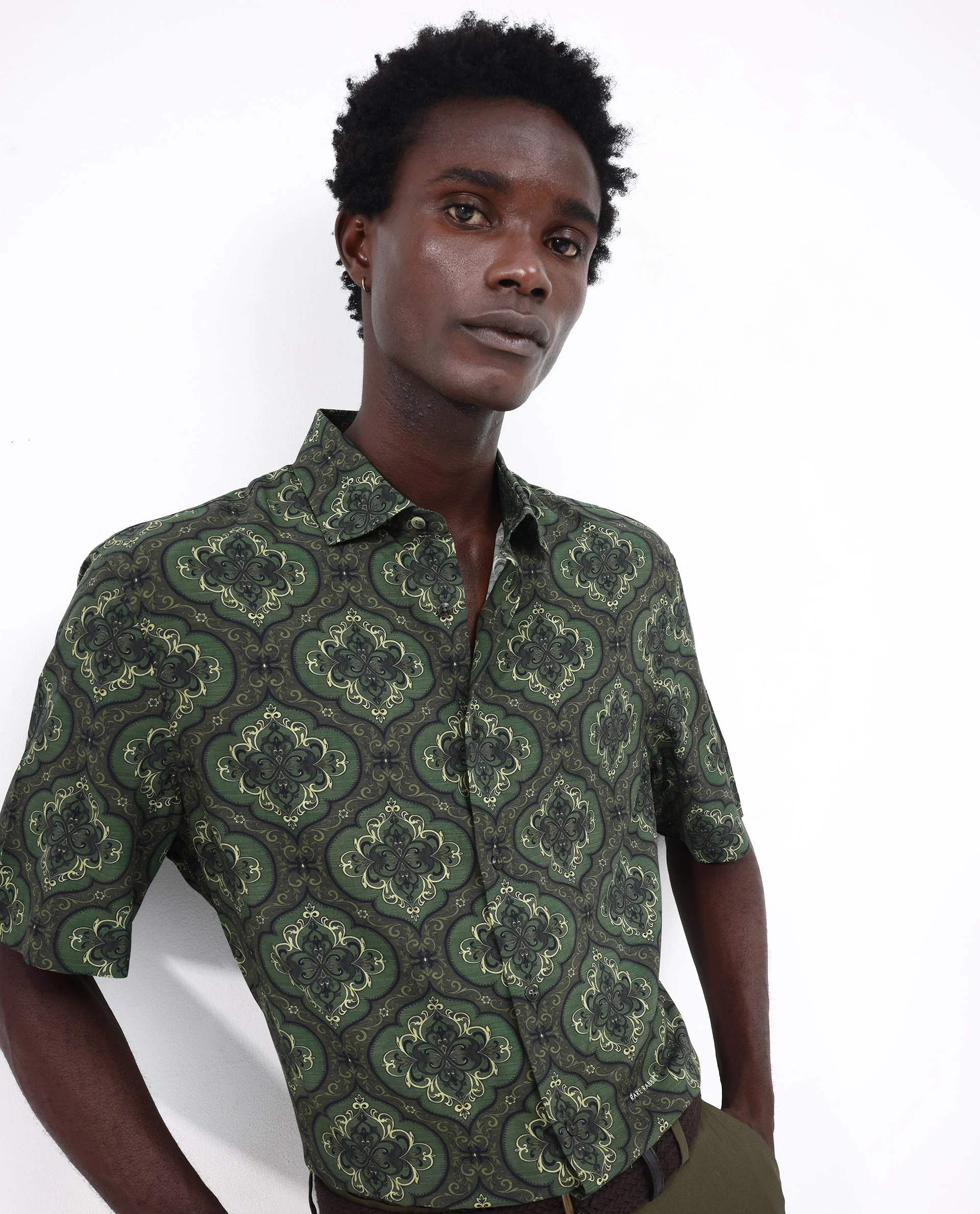Rare Rabbit Men's Parkes Green Viscose Decorative Print Boxy Fit Half Sleeve Collared Shirt