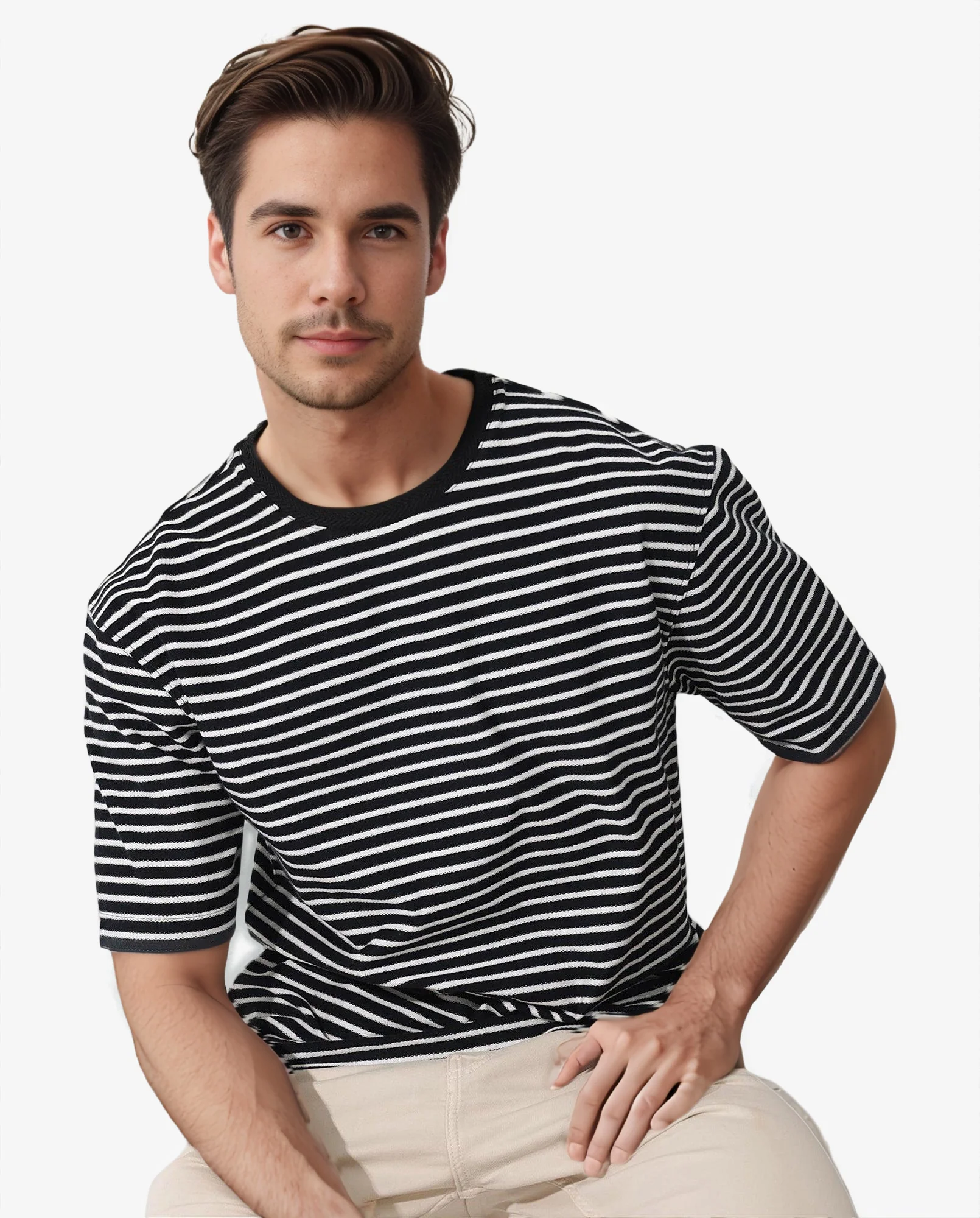 Rare Rabbit Men's Paskot Navy Cotton Striped Print Oversized Fit Half Sleeve Crew Neck T-Shirt