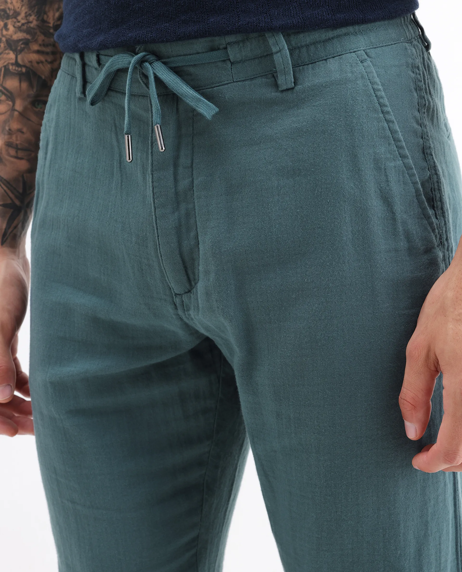 Rare Rabbit Men's Pastor 25 Teal Cotton Plain Regular Fit Trouser - Image 3