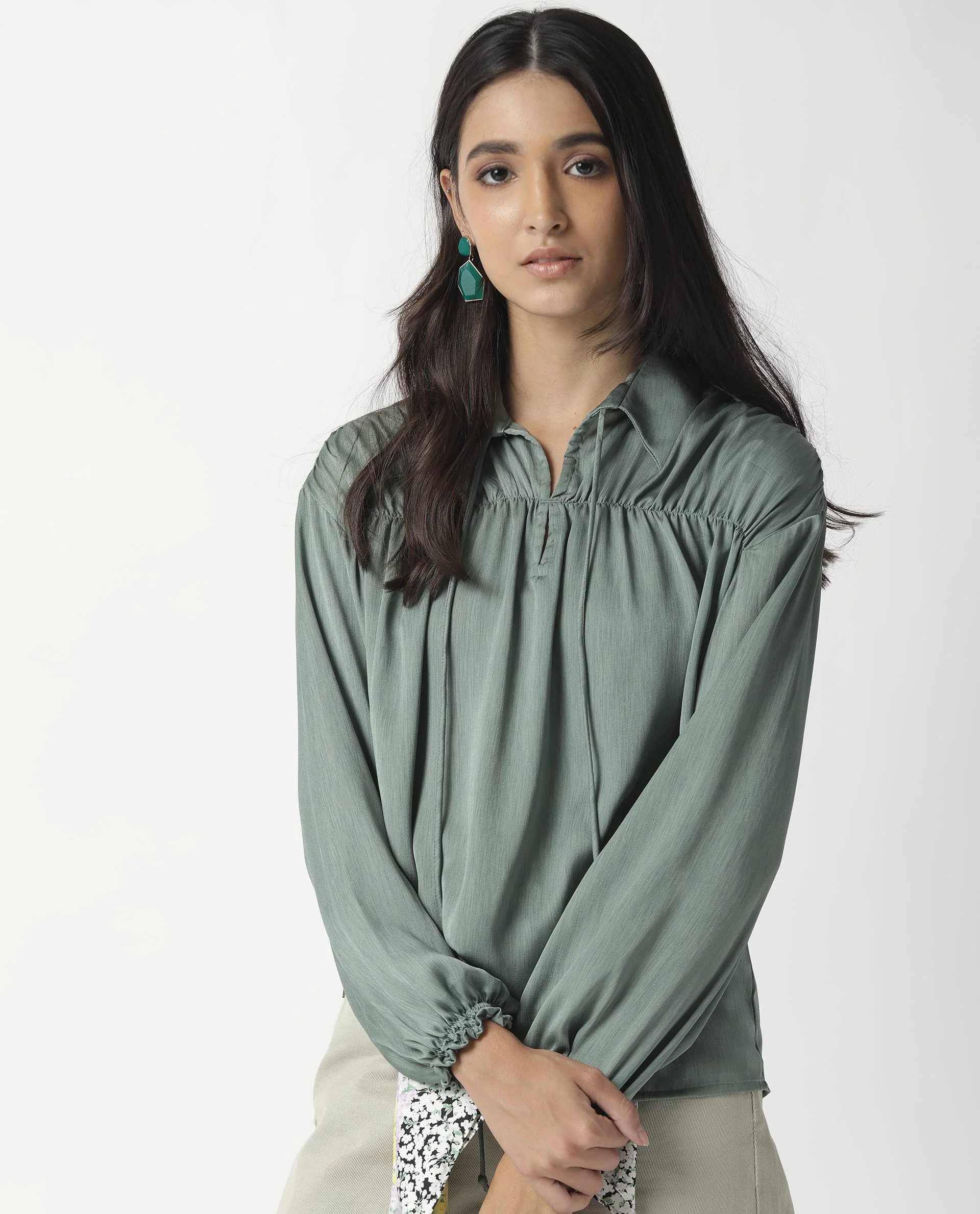 Rareism Womens Paxo Green Top Polycotton Fabric Regular Fit Full Sleeve Collared Neck
