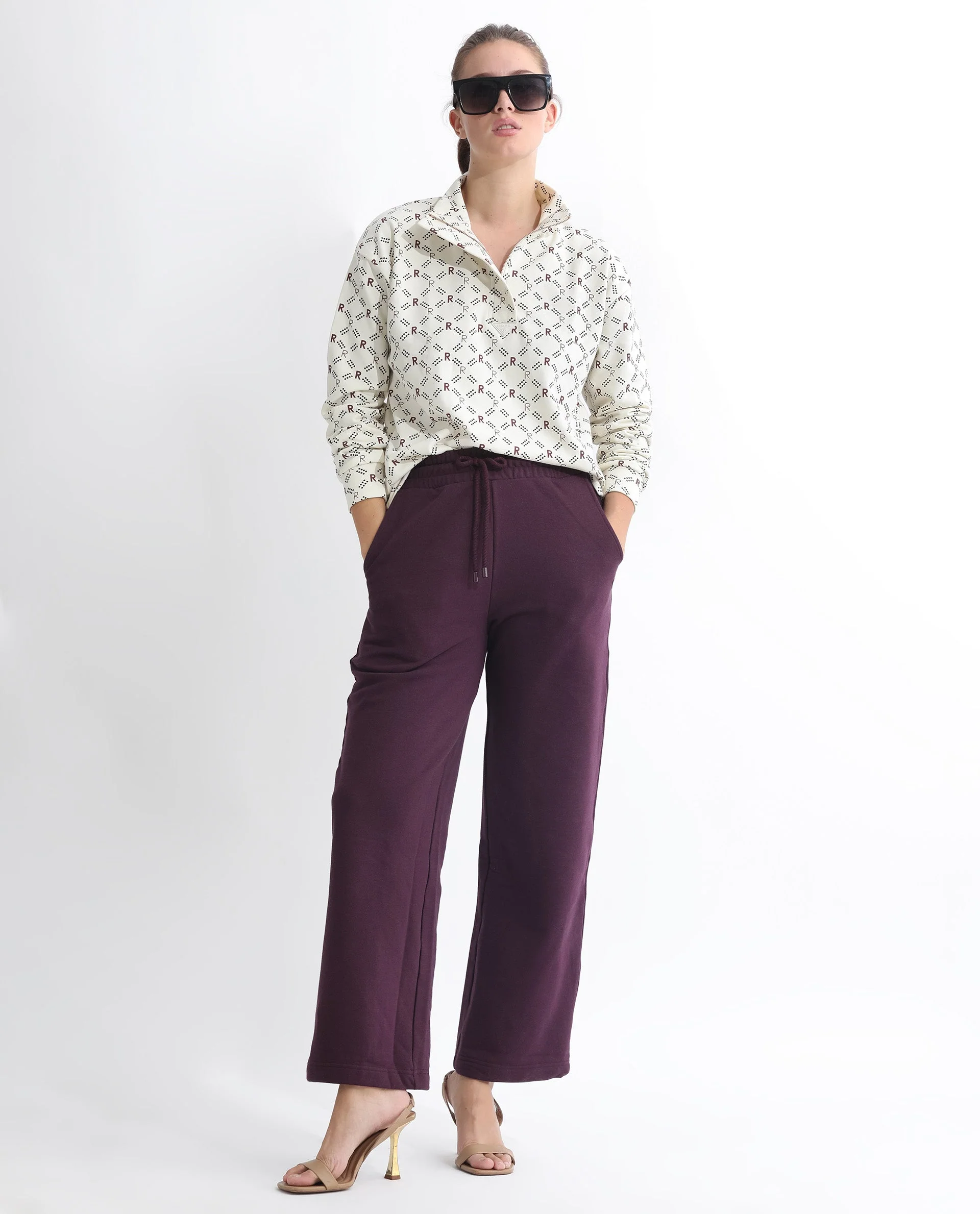 Rareism Women's Pazoo T Dark Maroon Cotton Blend Plain Ankle Length Flared Track Pant
