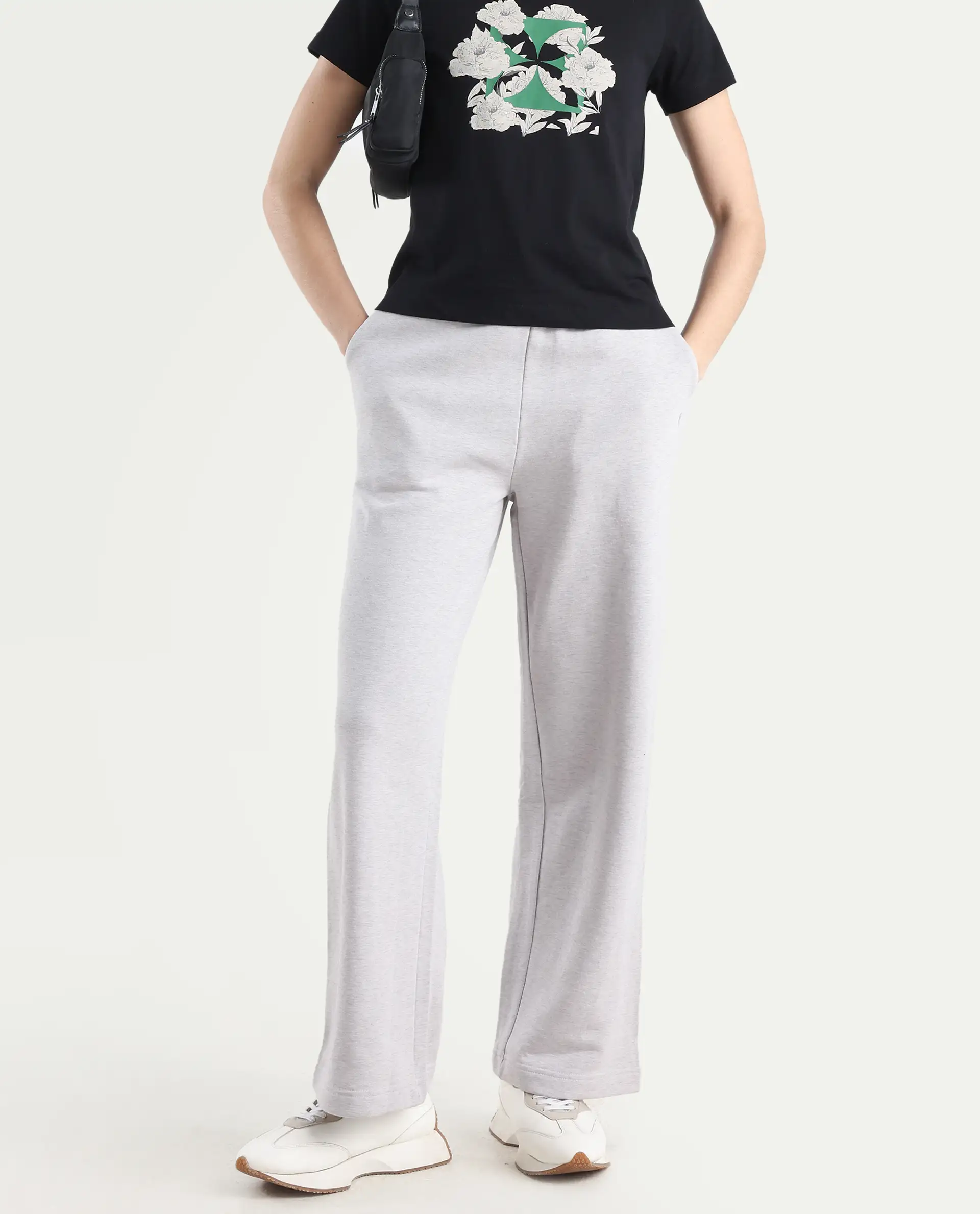 Rareism Women's Pazoo F Melange Grey Cotton Blend Plain Ankle Length Flared Track Pant