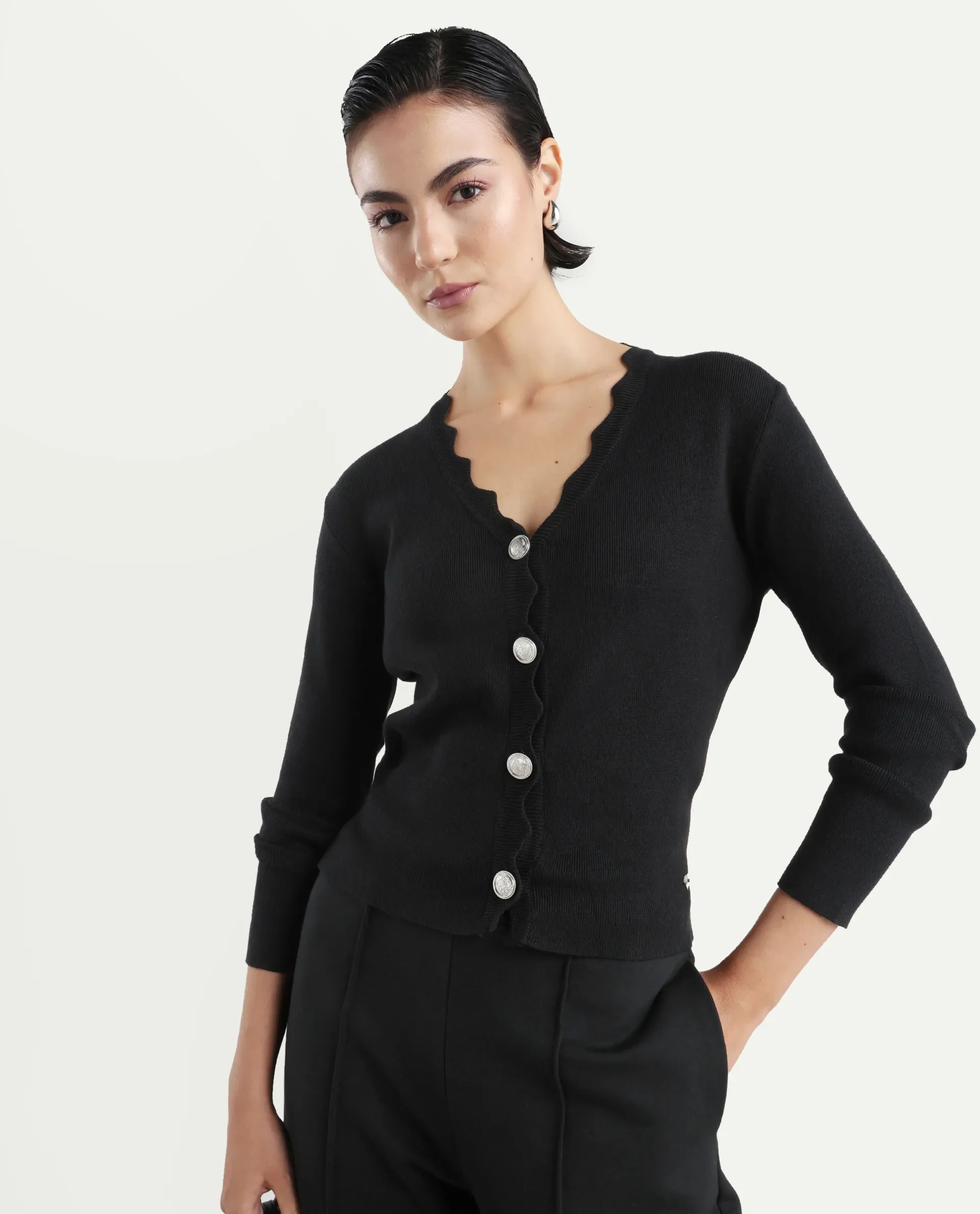 Rareism Women's Pendik Black V-Neck Plain Regular Fitted Top