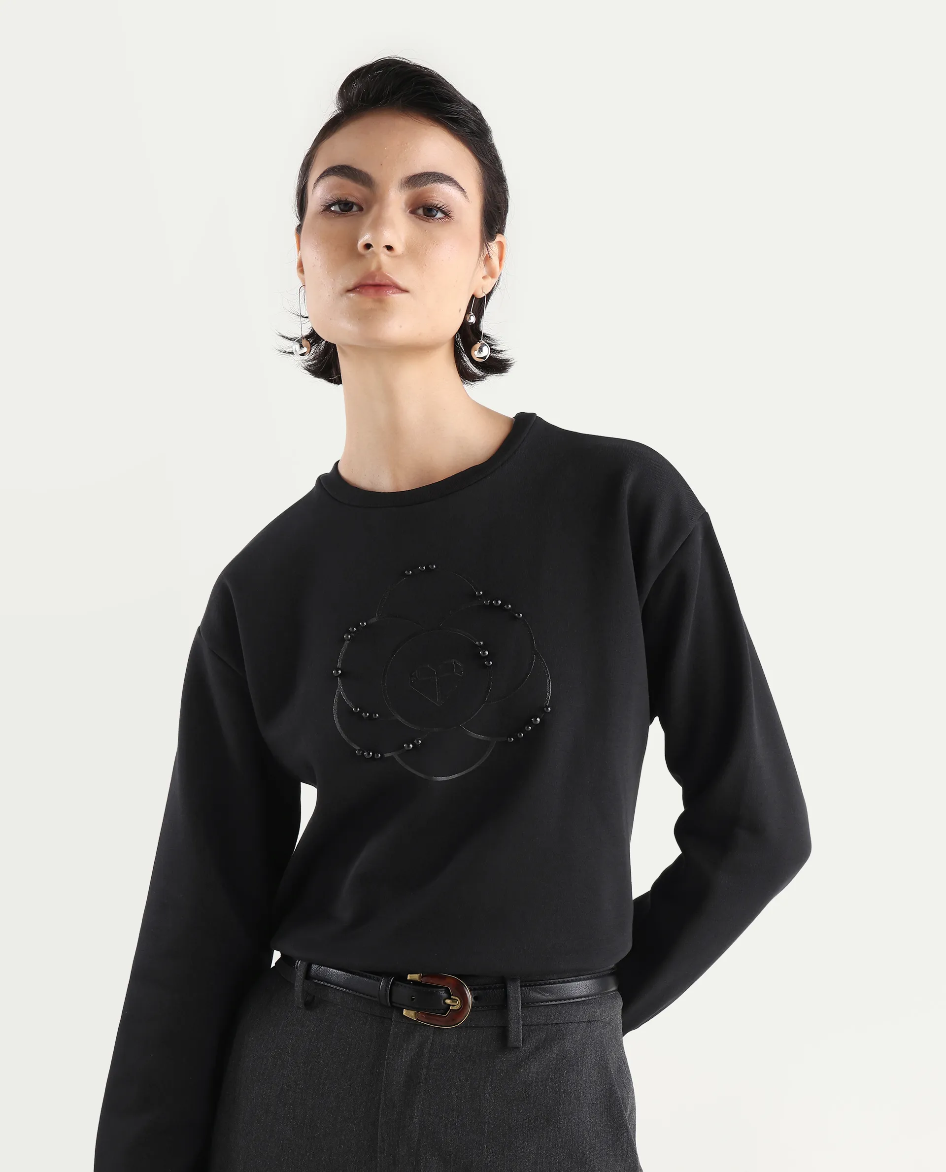 Rareism Women's Pere Black Cotton Blend Crew Neck Graphic Print Relaxed Fit Sweatshirt