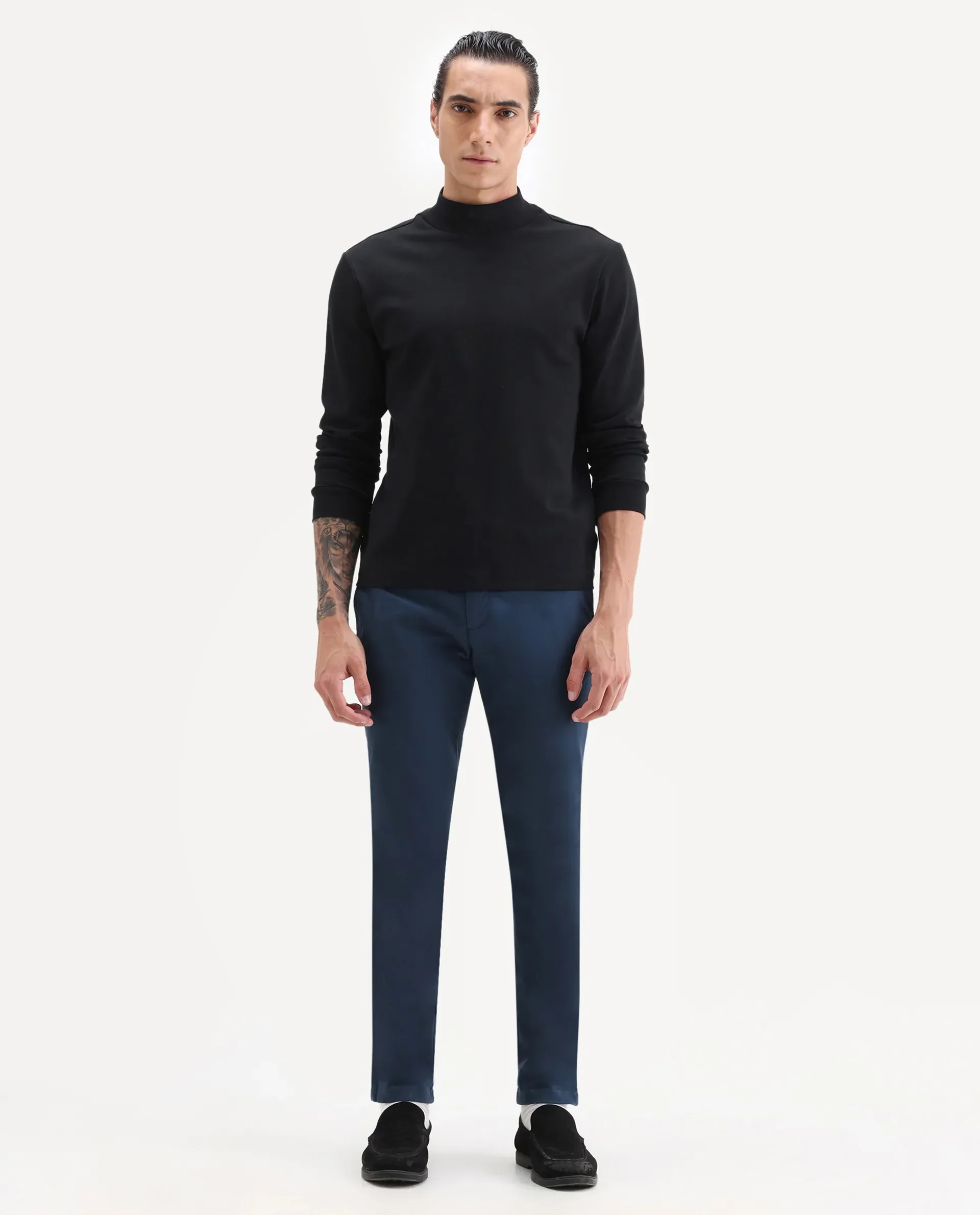 Rare Rabbit Men's Pesto Dark Blue Cotton Plain Regular Fit Trouser