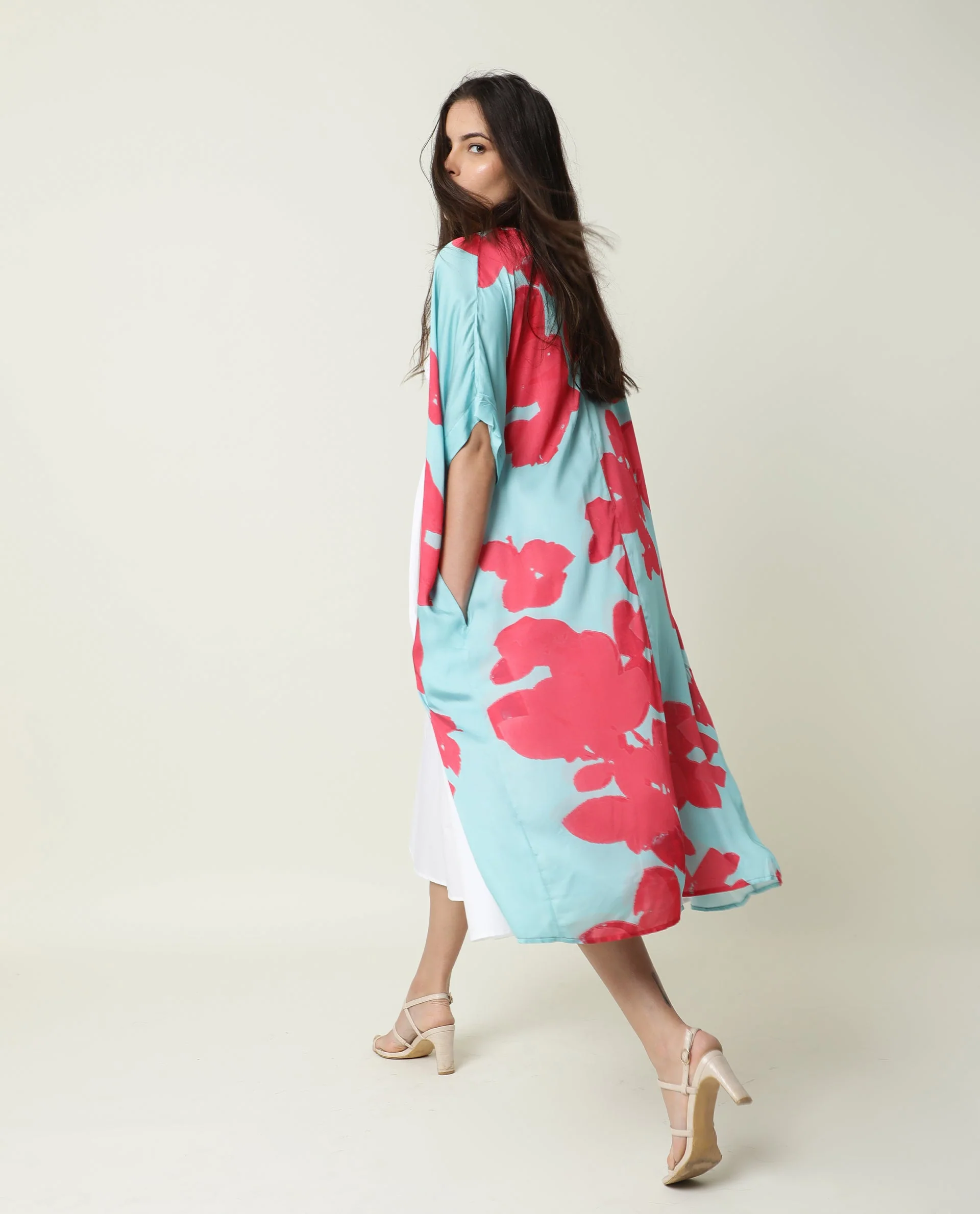 Rareism Women's Petunia Navy Collarless Floral Print Knee Length Relaxed Fit Shrug