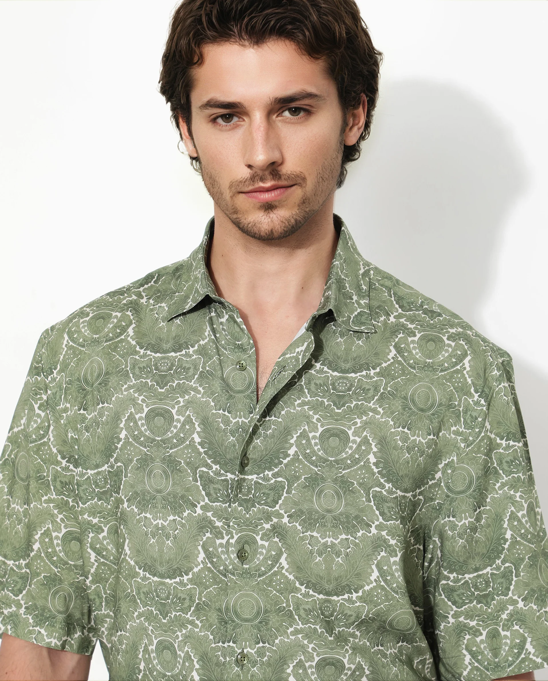 Rare Rabbit Men's Picano Dusky Green Viscose Floral Print Boxy Fit Half Sleeve Collared Shirt