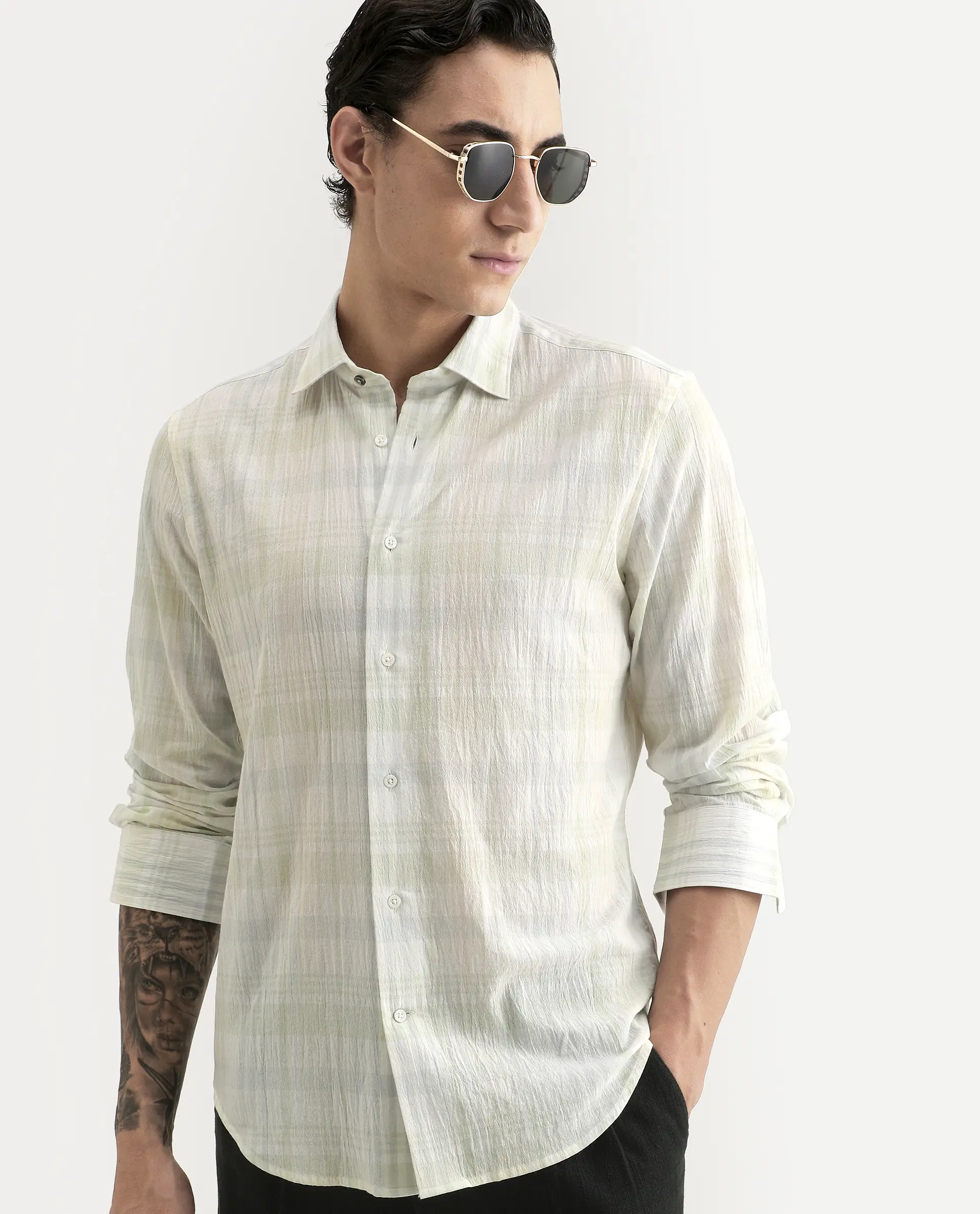 Rare Rabbit Men's Pinge-26 Pastel Green Cotton Fabric Full Sleeve Spread Collar Regular Fit Checked Shirt
