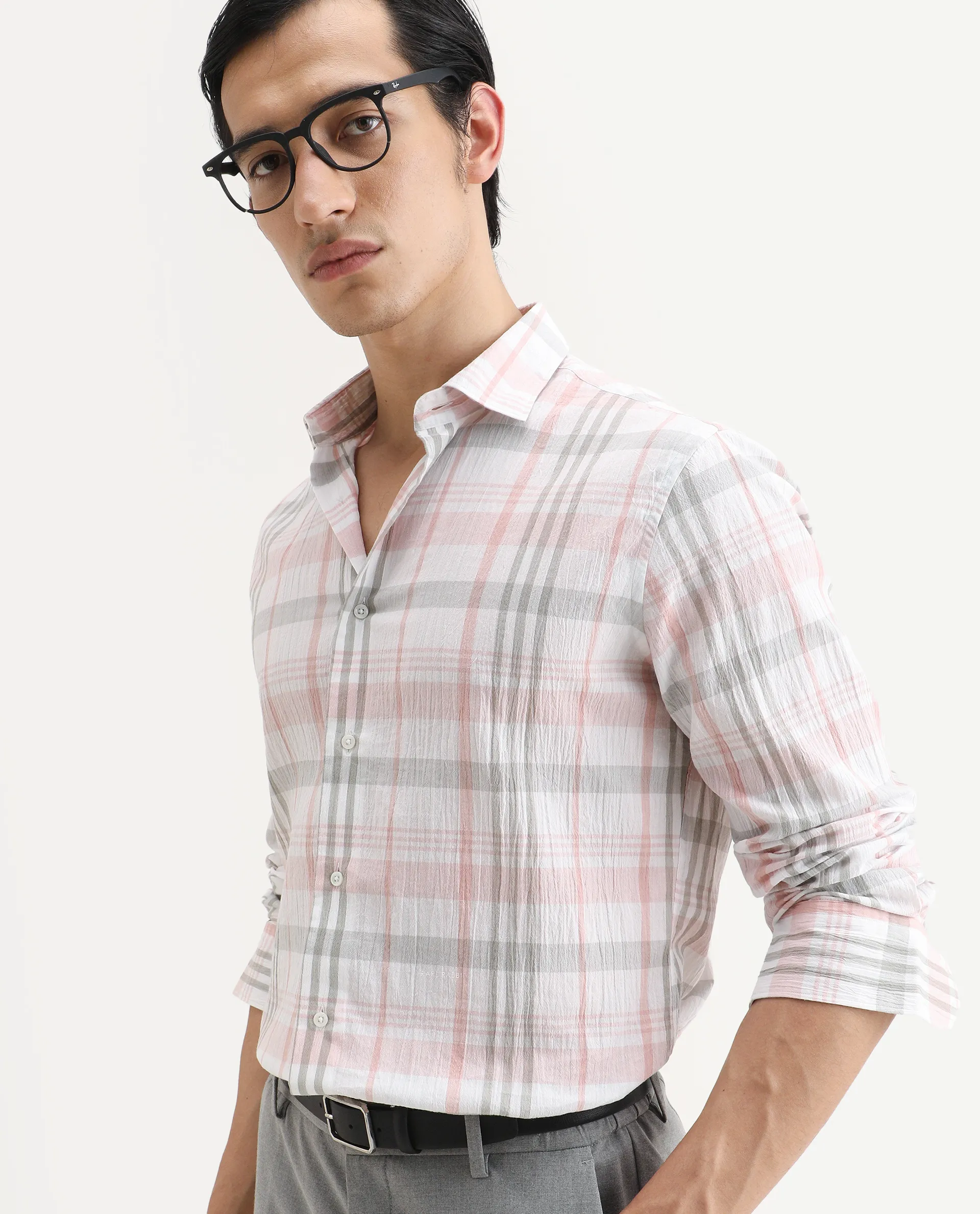 Rare Rabbit Men's Pinge-26 Pastel Pink Cotton Fabric Full Sleeve Spread Collar Regular Fit Checked Shirt
