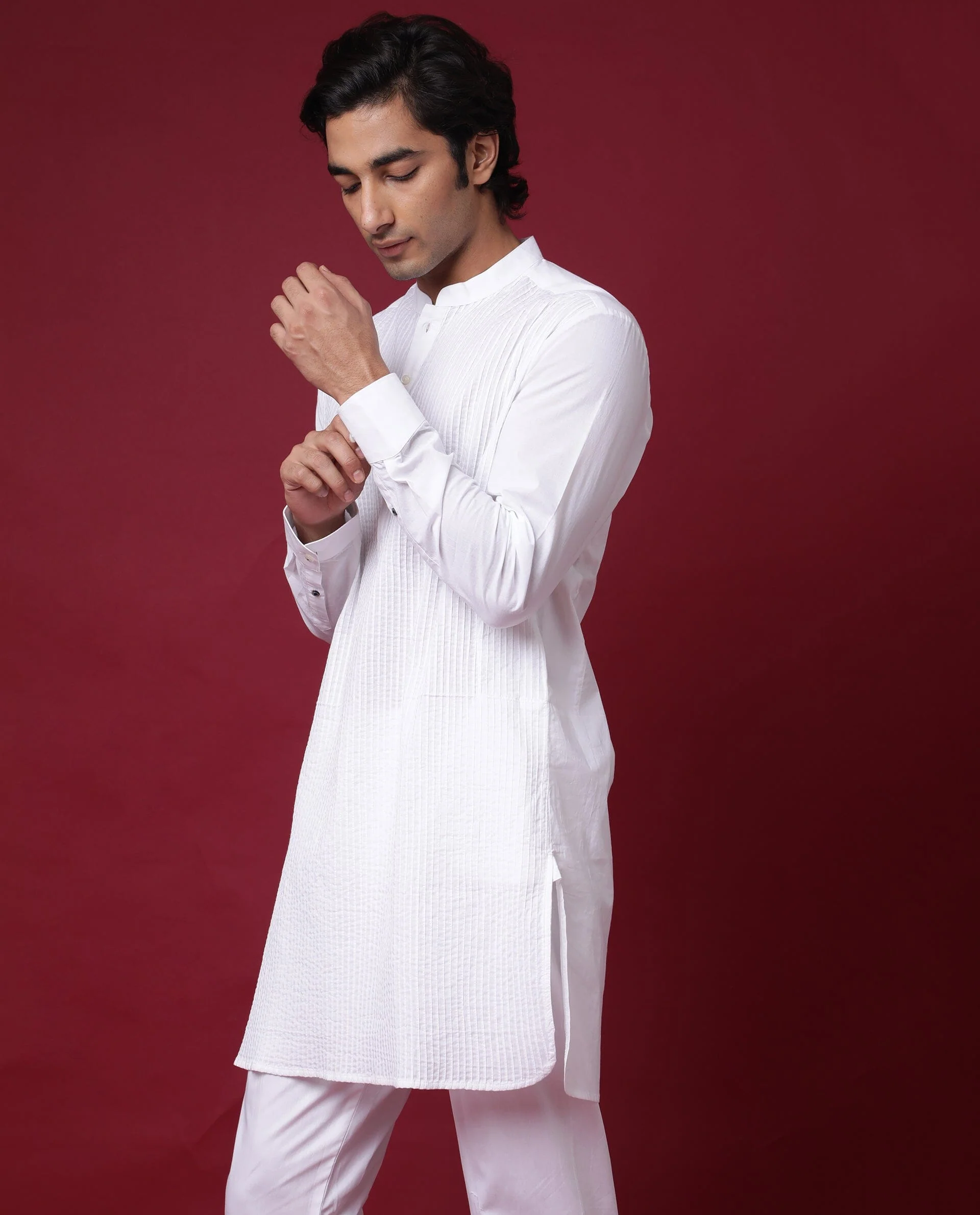 Rare Rabbit Men's Pintuck-1 White Plain Regular Fit Full Sleeve Mandarin Collar Kurta - Image 4