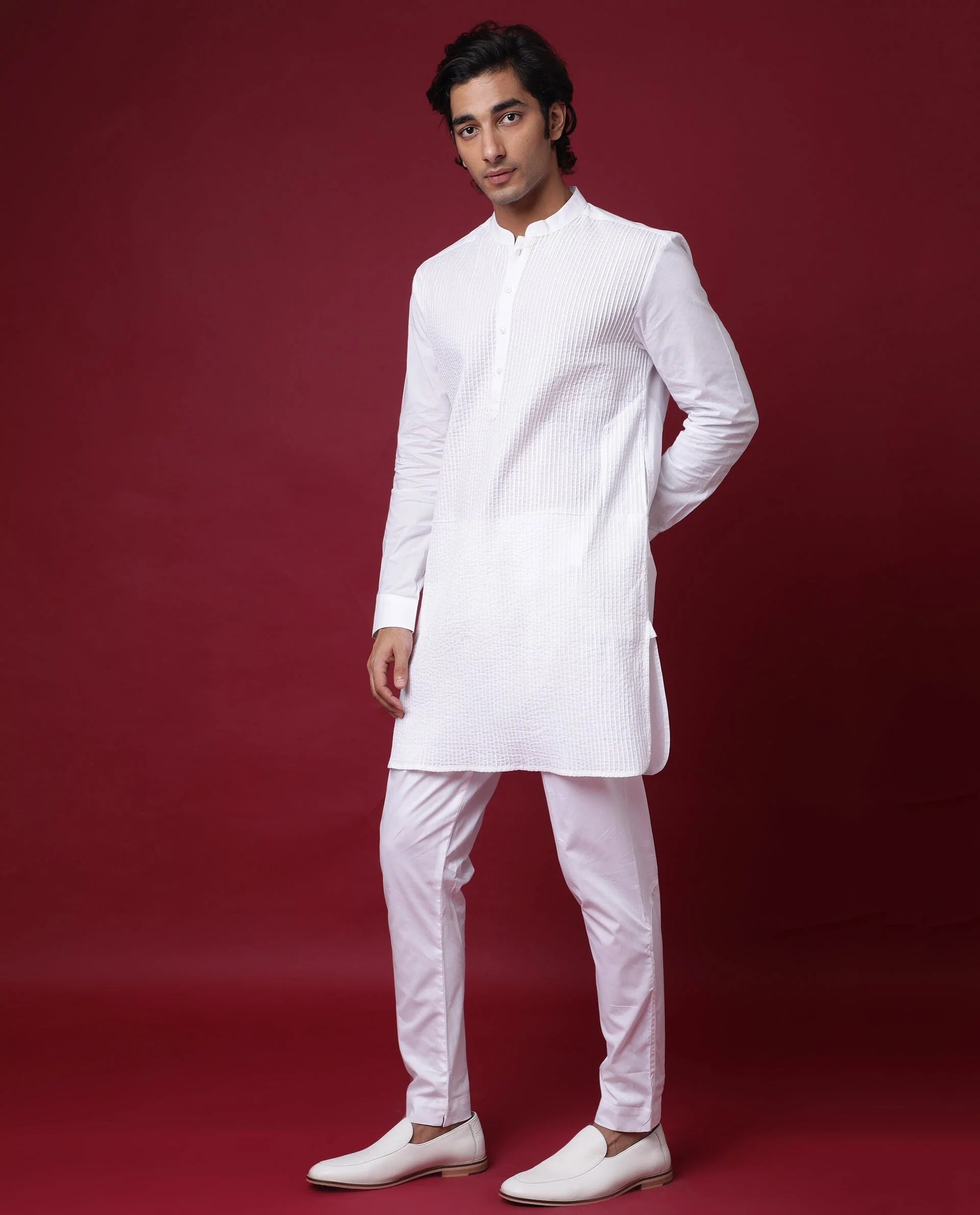 Rare Rabbit Men's Pintuck-1 White Plain Regular Fit Full Sleeve Mandarin Collar Kurta - Image 5