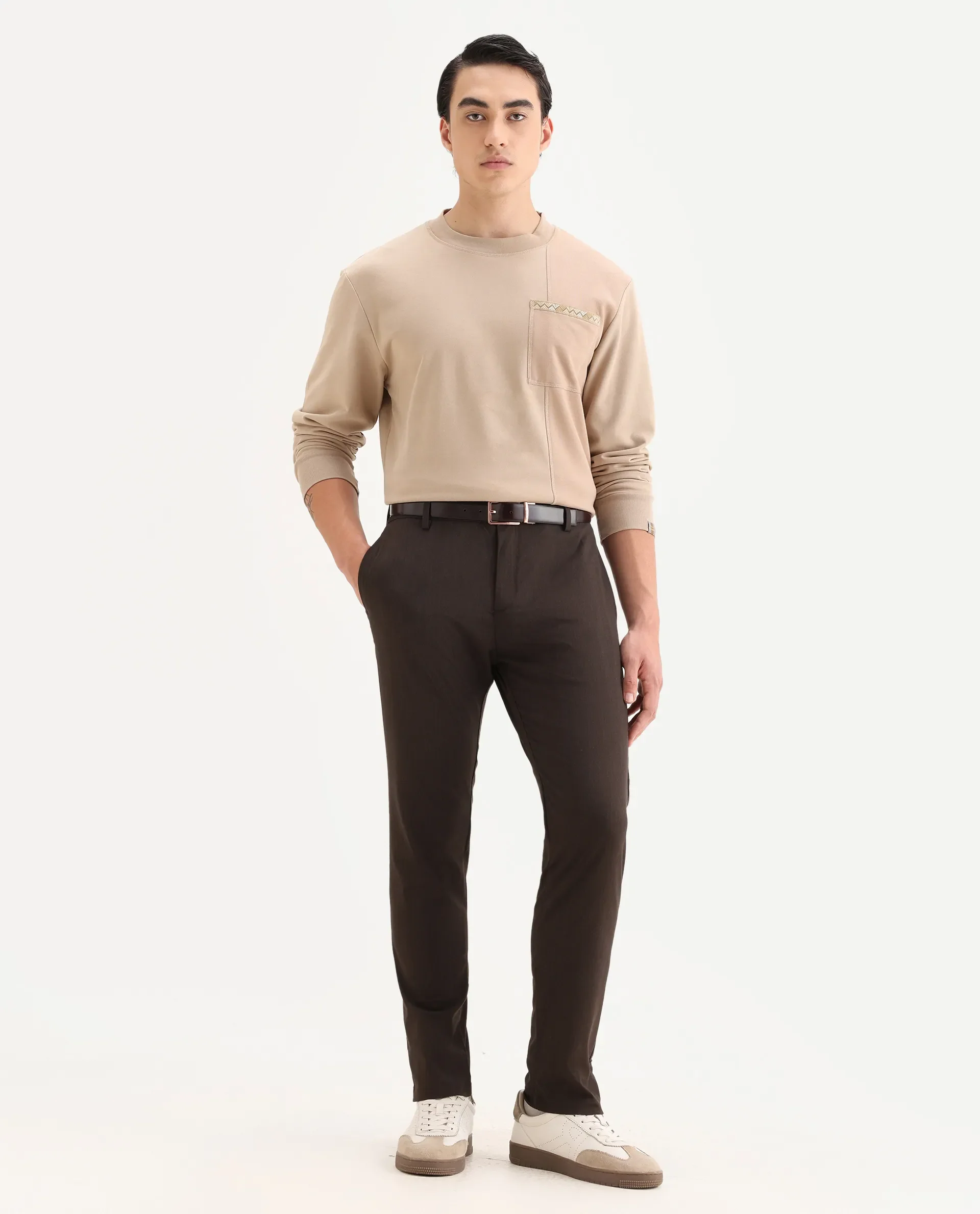 Rare Rabbit Men's Piper Brown Polyester Striped Print Regular Fit Trouser