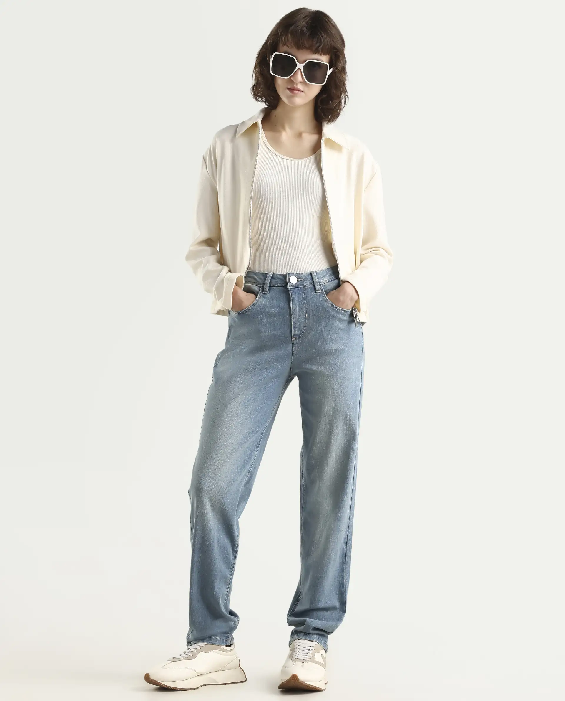 Rareism Women's Pipevine Blue Cotton Blend Plain Ankle Length Tailored Jeans