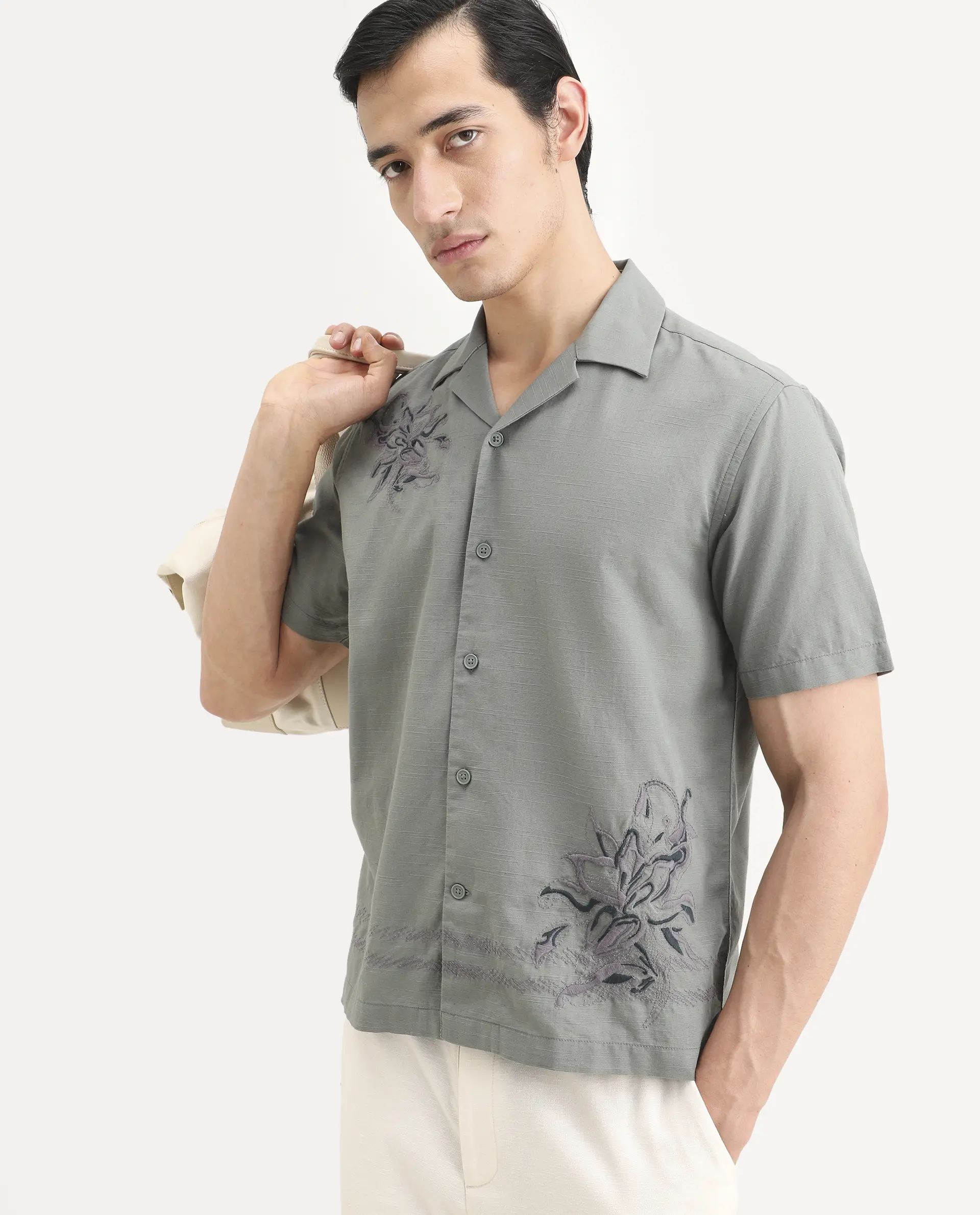 Rare Rabbit Men's Plem Dusky Blue Cotton Blend Fabric Half Sleeve Cuban Collar Relaxed Fit Embroidered Shirt