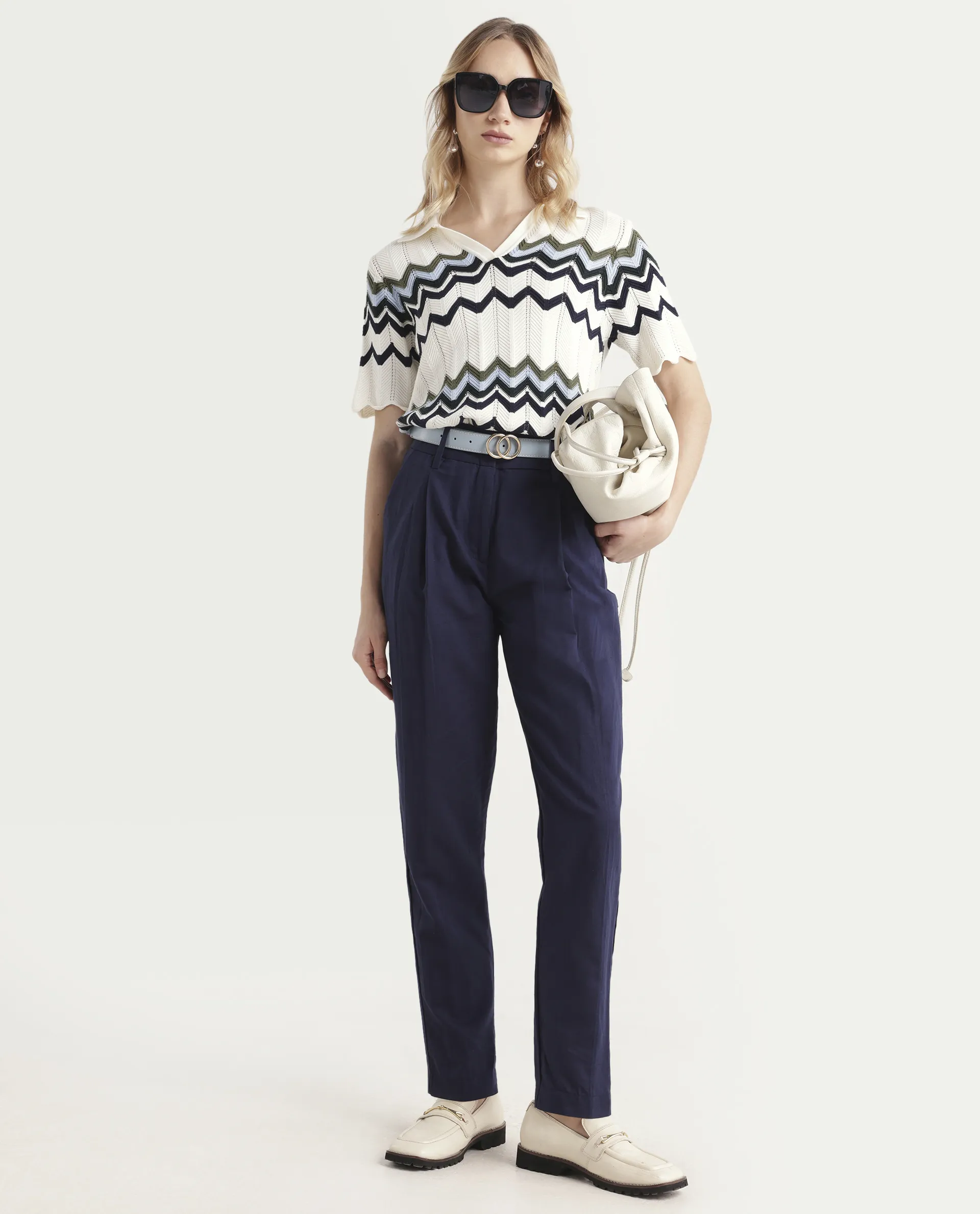 Rareism Women's Plio Dark Navy Cotton Blend Plain Ankle Length Tapered Trouser
