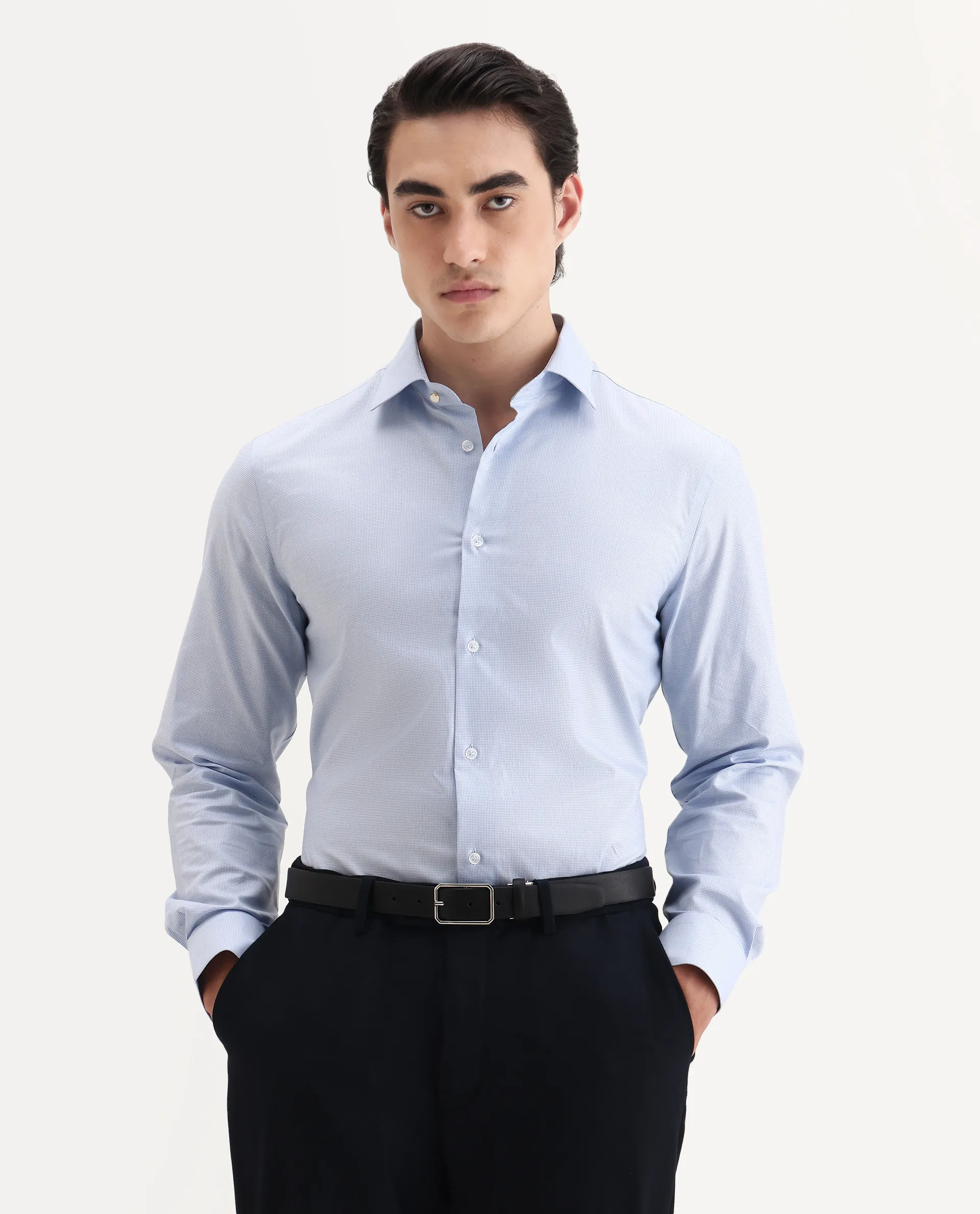 Rare Rabbit Men's Plom Blue Cotton Fabric Collared Neck Regular Fit Plain Shirt